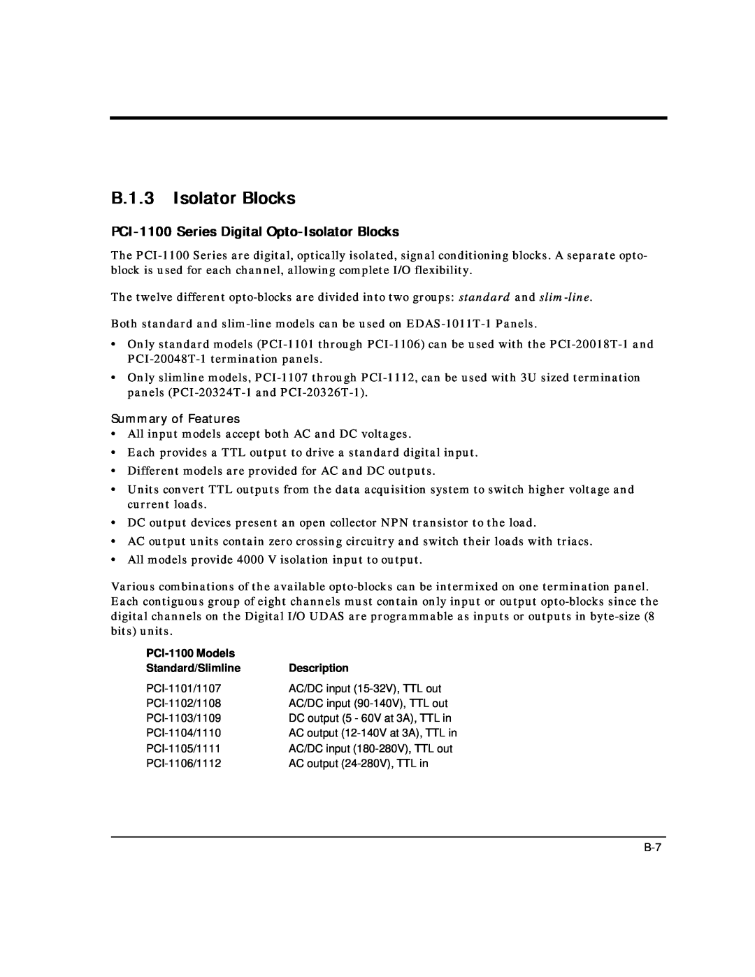 Intelligent Motion Systems UDAS-1001E user manual B.1.3 Isolator Blocks, PCI-1100 Series Digital Opto-Isolator Blocks 