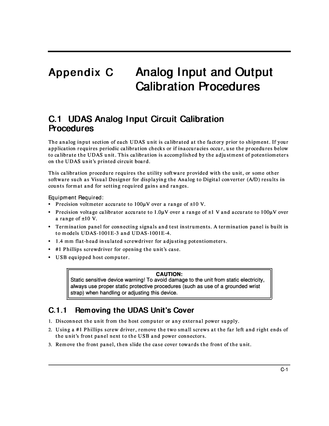 Intelligent Motion Systems UDAS-1001E Appendix C Analog Input and Output Calibration Procedures, Equipment Required 