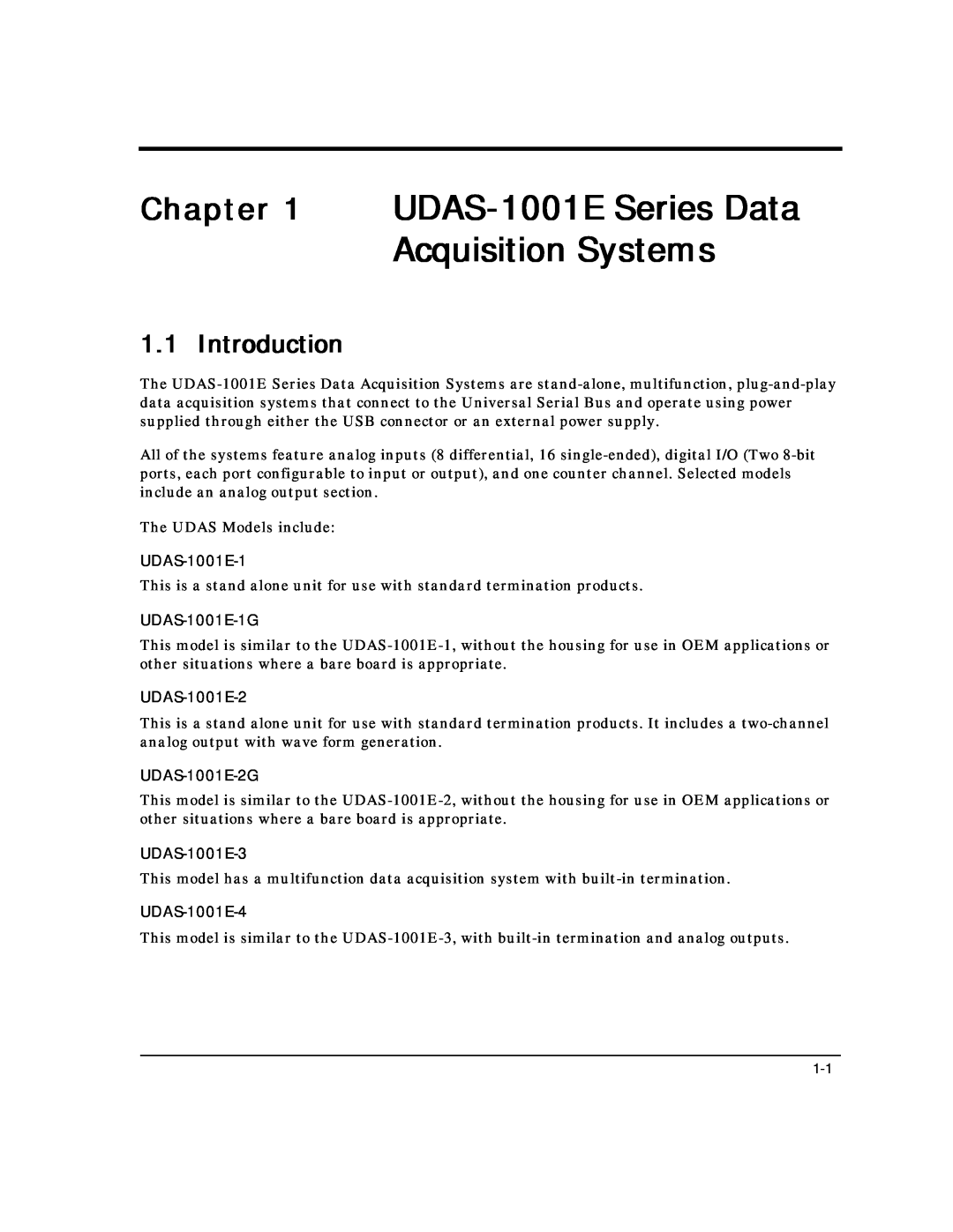 Intelligent Motion Systems user manual UDAS-1001E Series Data Acquisition Systems, Chapter, Introduction, UDAS-1001E-1 