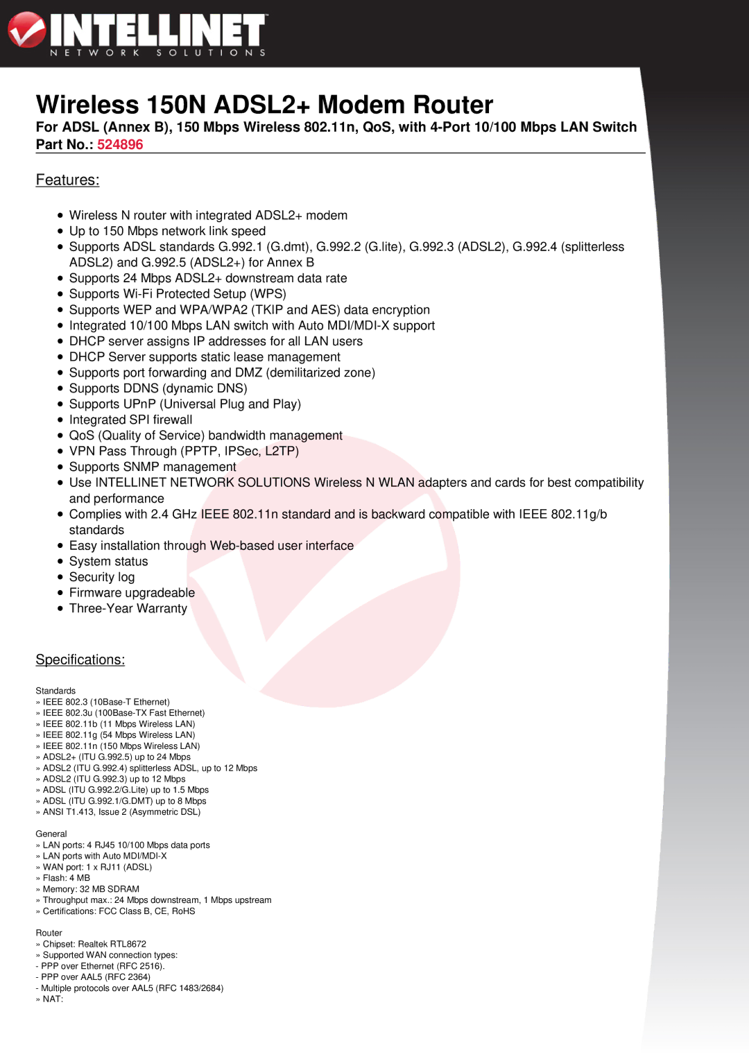 Intellinet Network Solutions 150N ADSL2+ manual Features 