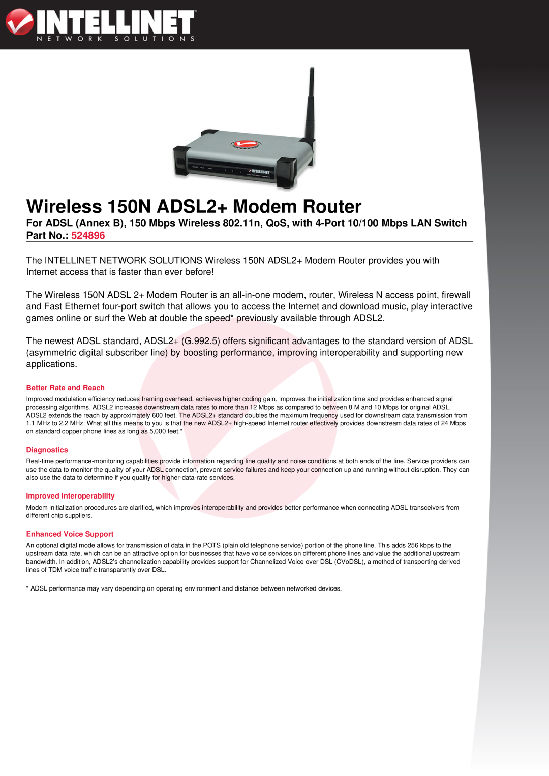 Intellinet Network Solutions manual Wireless 150N ADSL2+ Modem Router, Better Rate and Reach, Diagnostics 