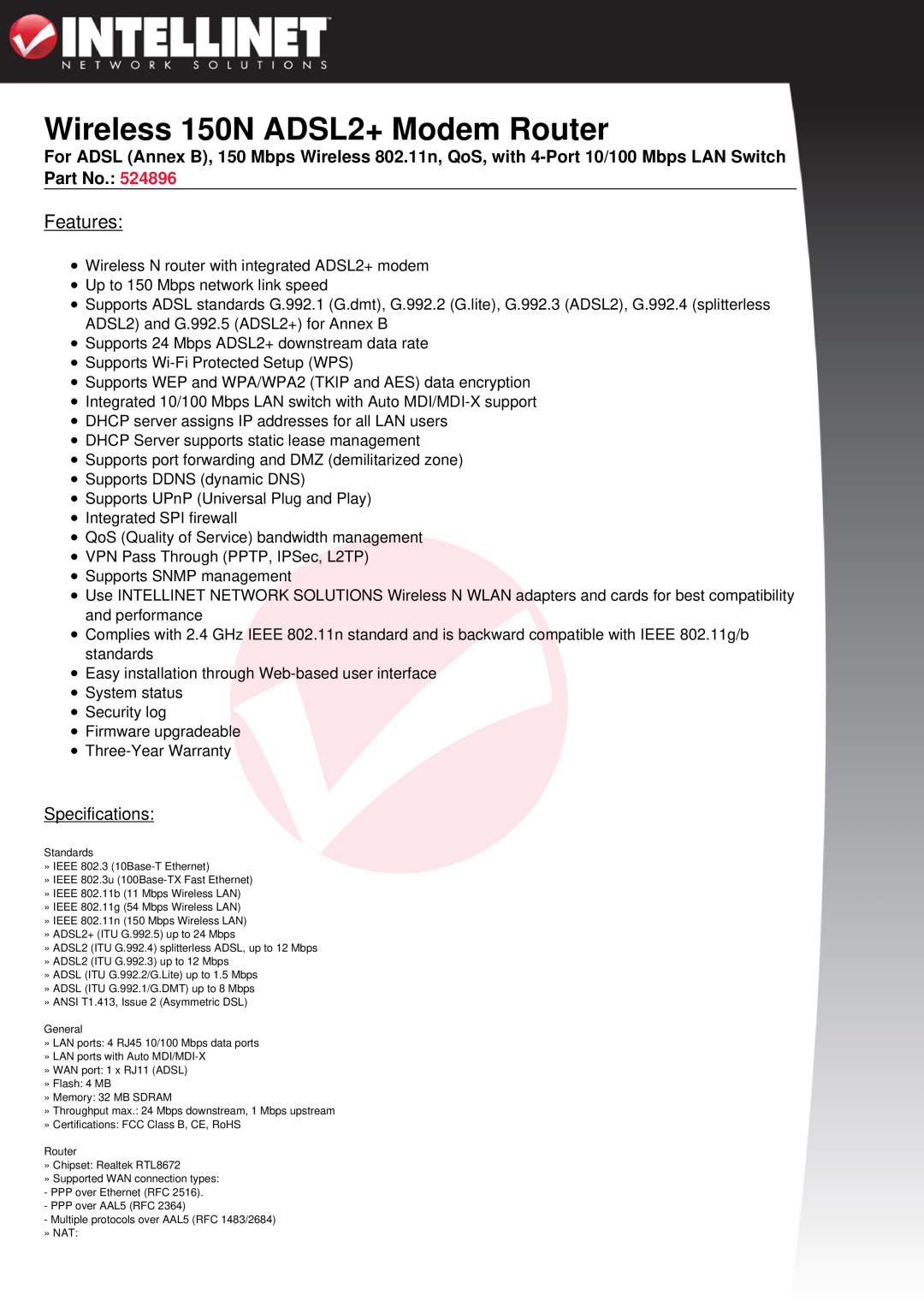 Intellinet Network Solutions manual Wireless 150N ADSL2+ Modem Router, Features, Specifications 