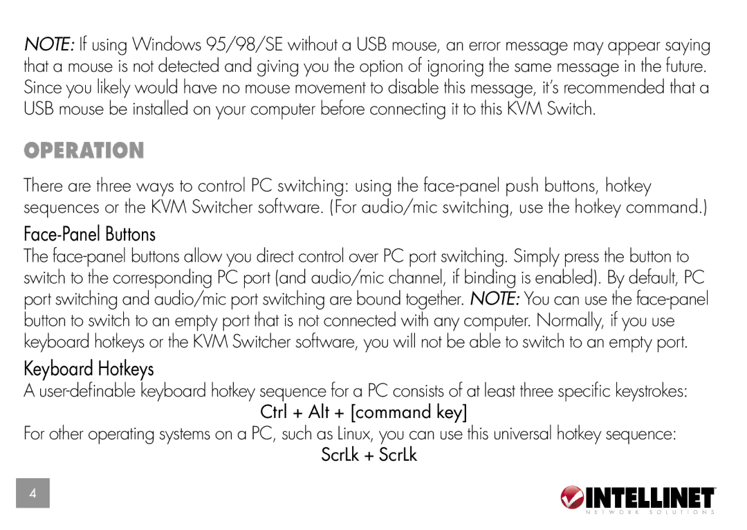 Intellinet Network Solutions 157032, 157025 quick start Operation, Face-Panel Buttons, Keyboard Hotkeys 
