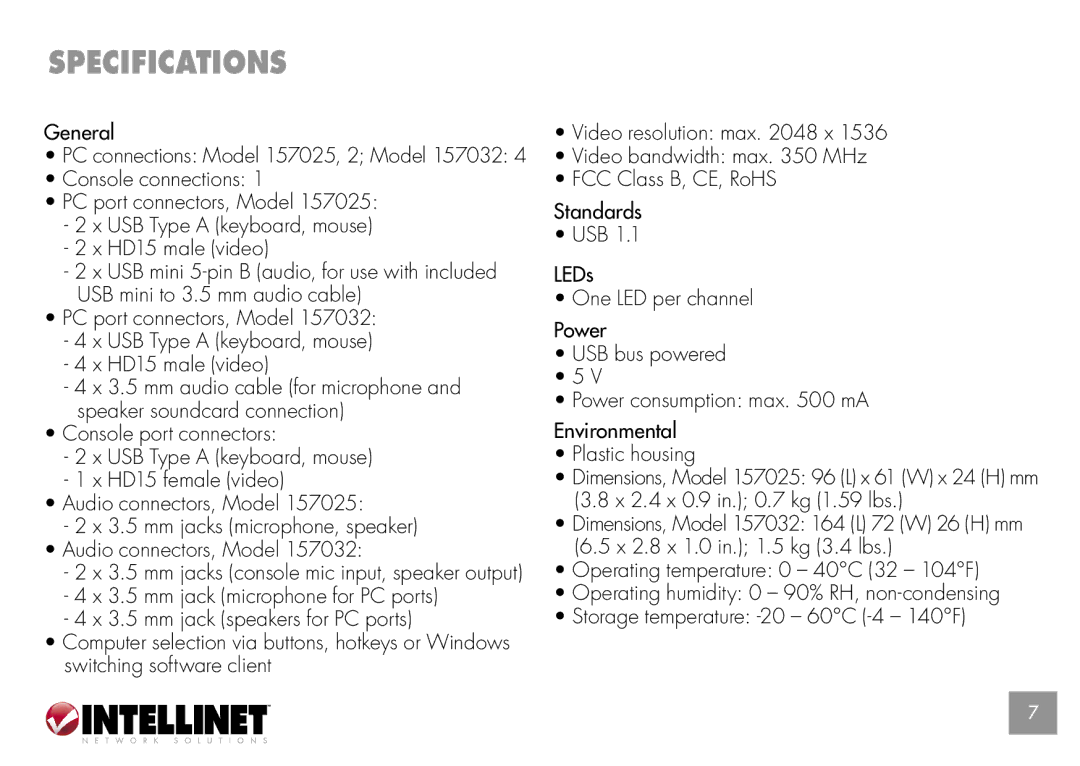 Intellinet Network Solutions 157025, 157032 quick start Specifications 