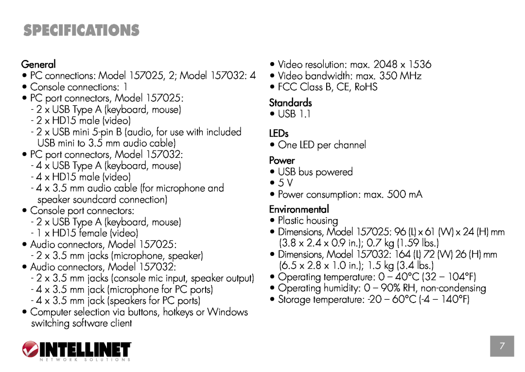 Intellinet Network Solutions 157025, 157032 quick start Specifications 