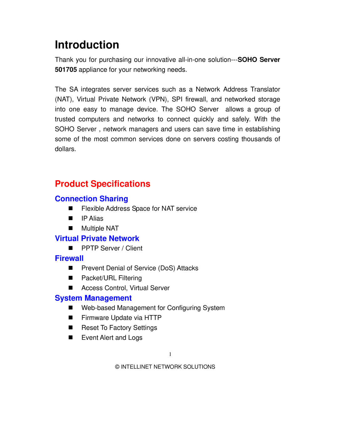 Intellinet Network Solutions 501705 manual Introduction, Product Specifications 