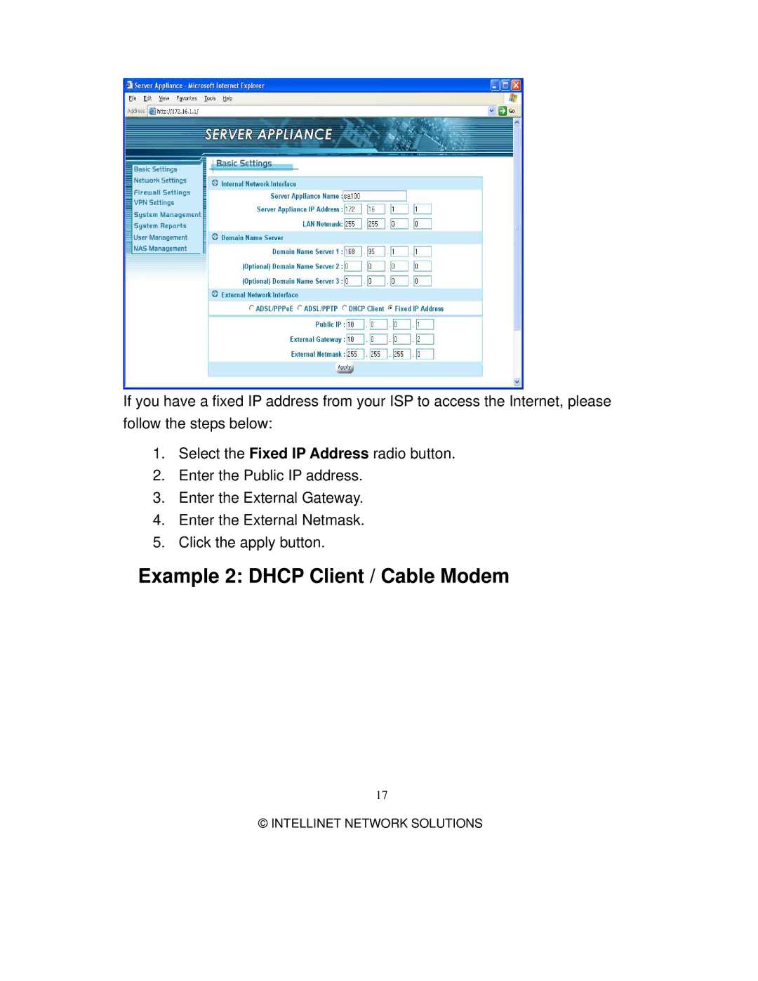 Intellinet Network Solutions 501705 manual Example 2 Dhcp Client / Cable Modem 