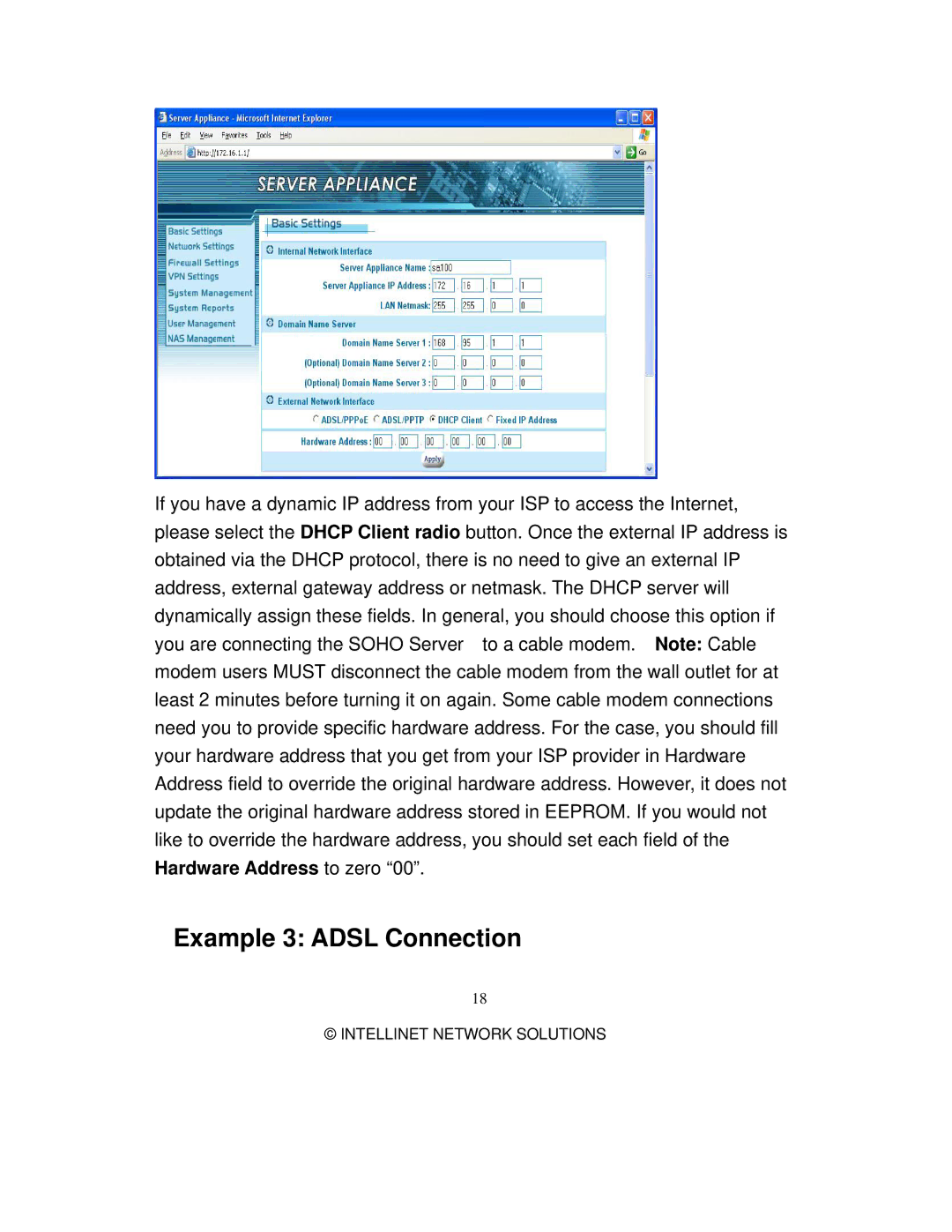 Intellinet Network Solutions 501705 manual Example 3 Adsl Connection 