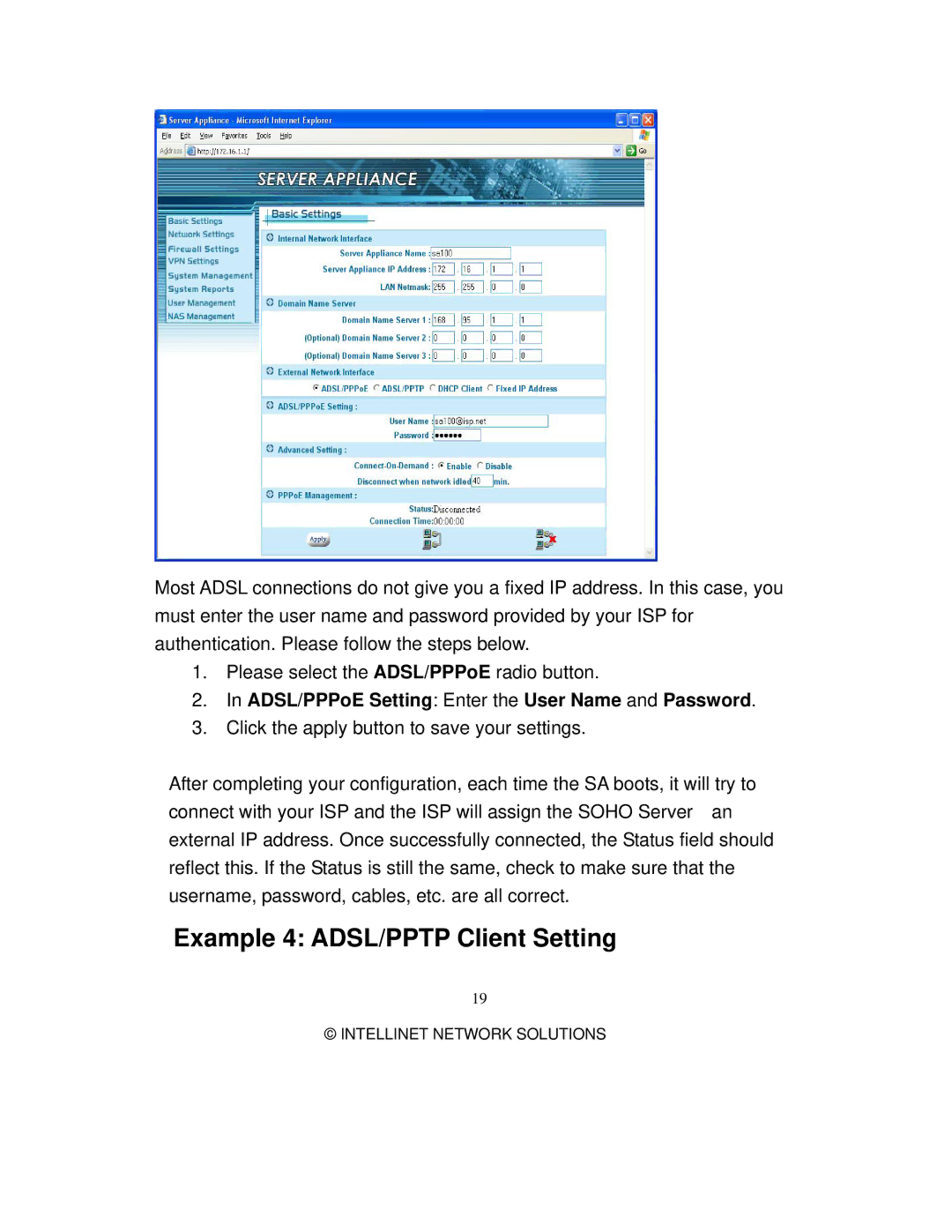 Intellinet Network Solutions 501705 manual Example 4 ADSL/PPTP Client Setting 