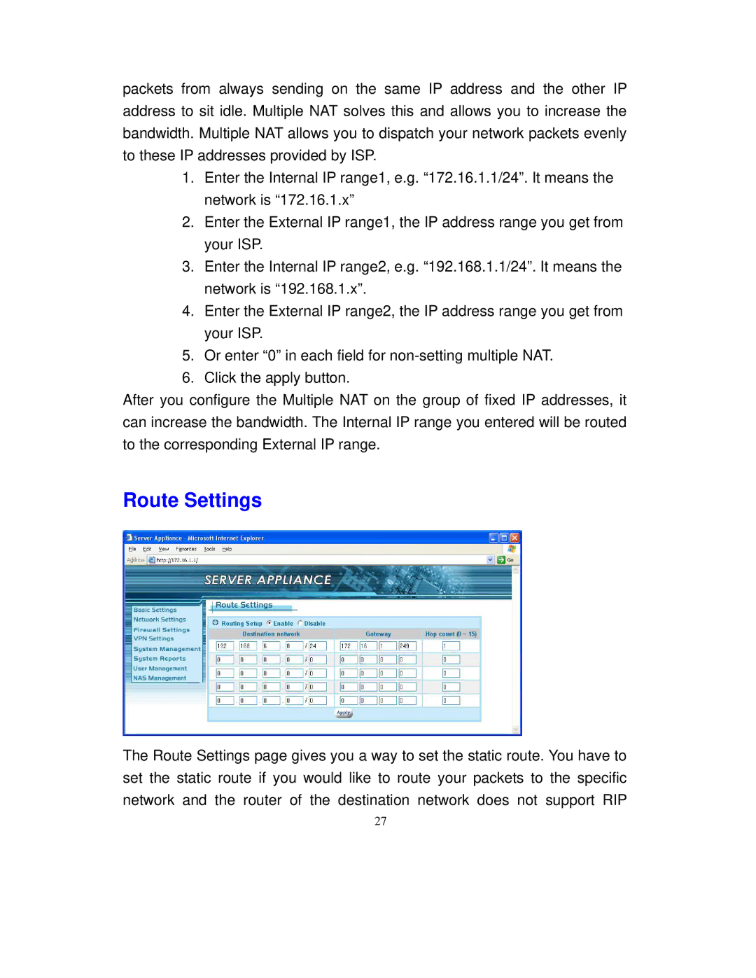 Intellinet Network Solutions 501705 manual Route Settings 