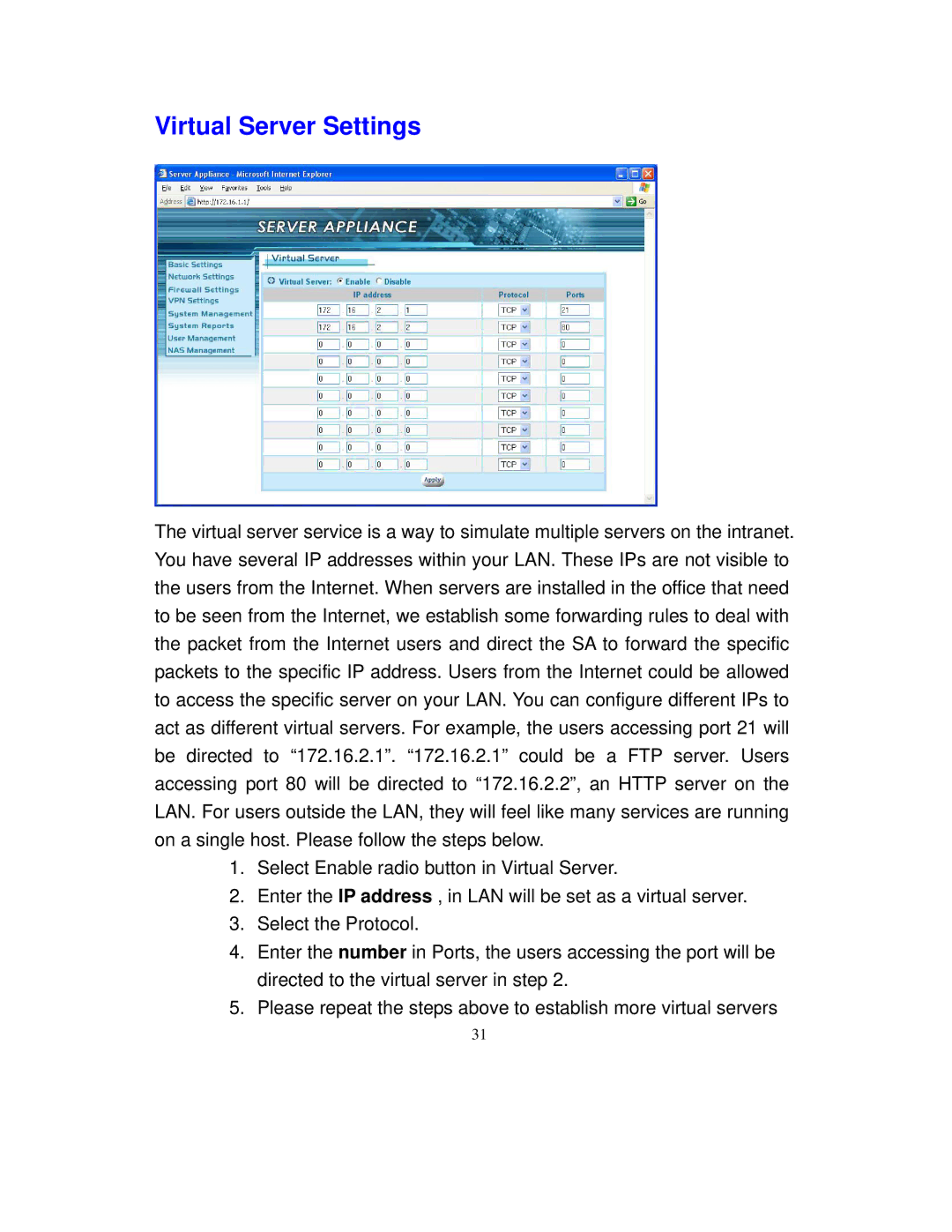 Intellinet Network Solutions 501705 manual Virtual Server Settings 