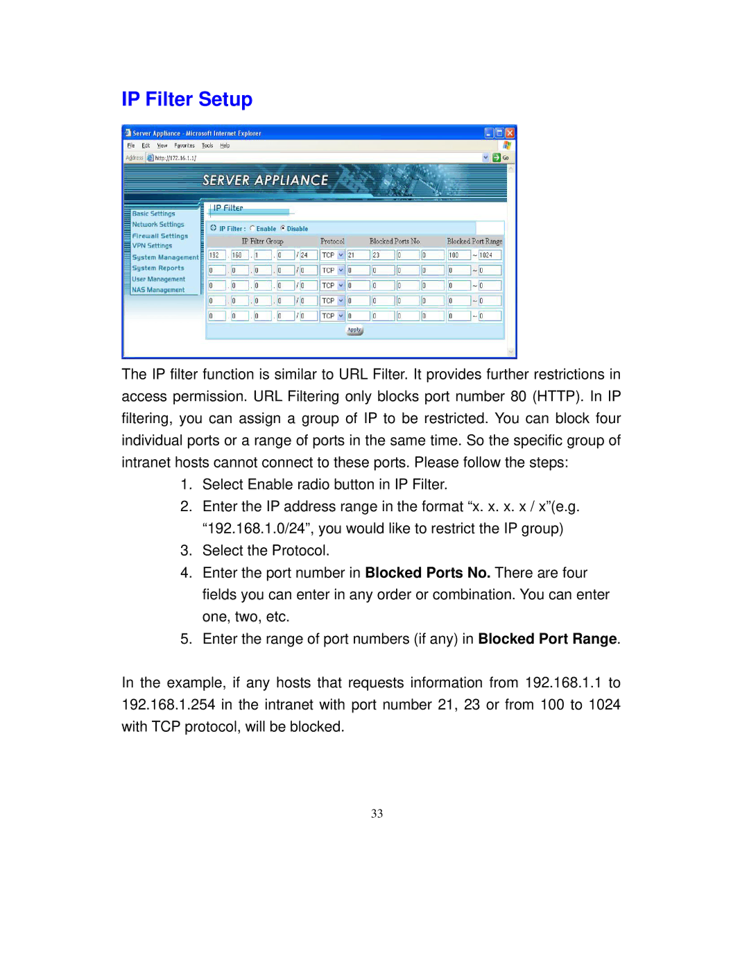 Intellinet Network Solutions 501705 manual IP Filter Setup 