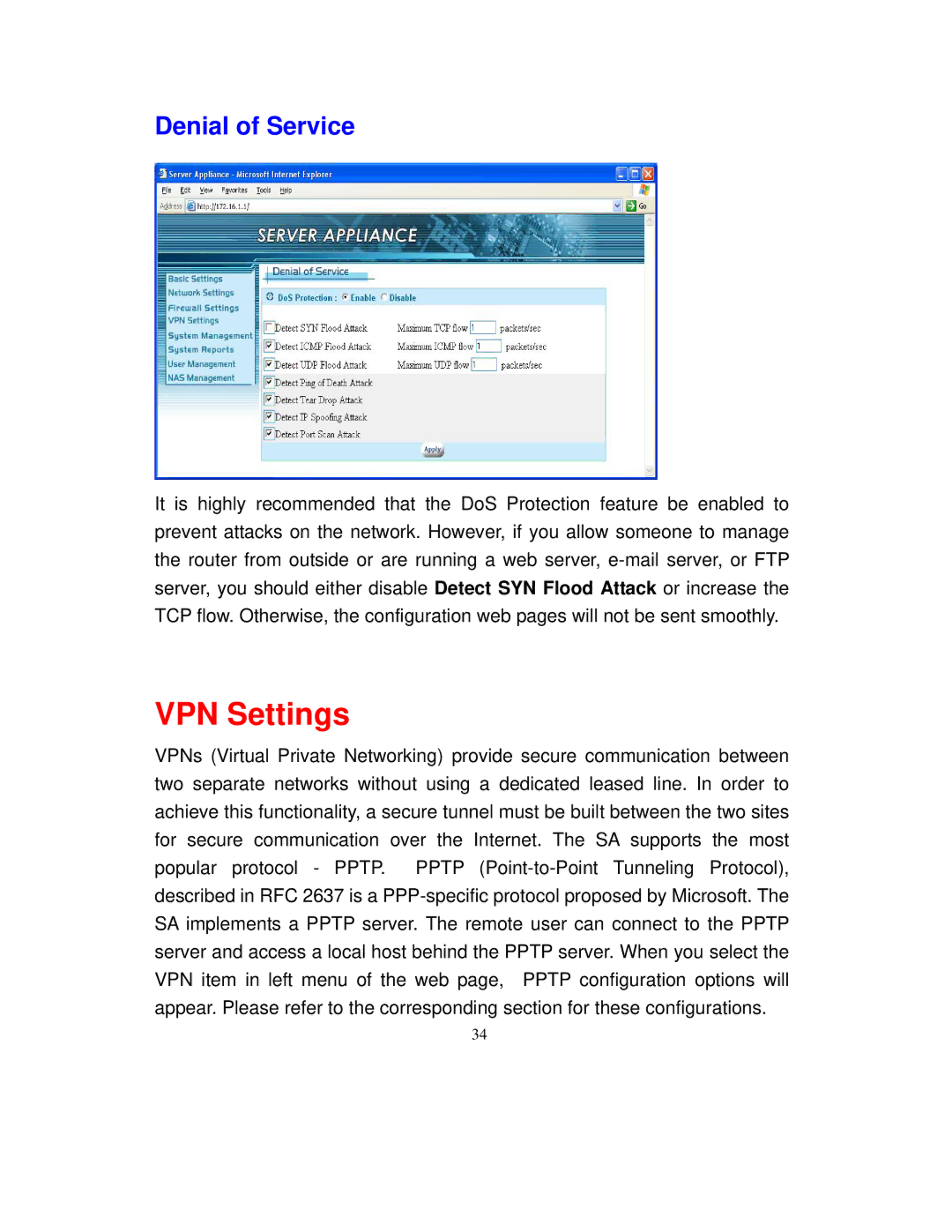 Intellinet Network Solutions 501705 manual VPN Settings, Denial of Service 