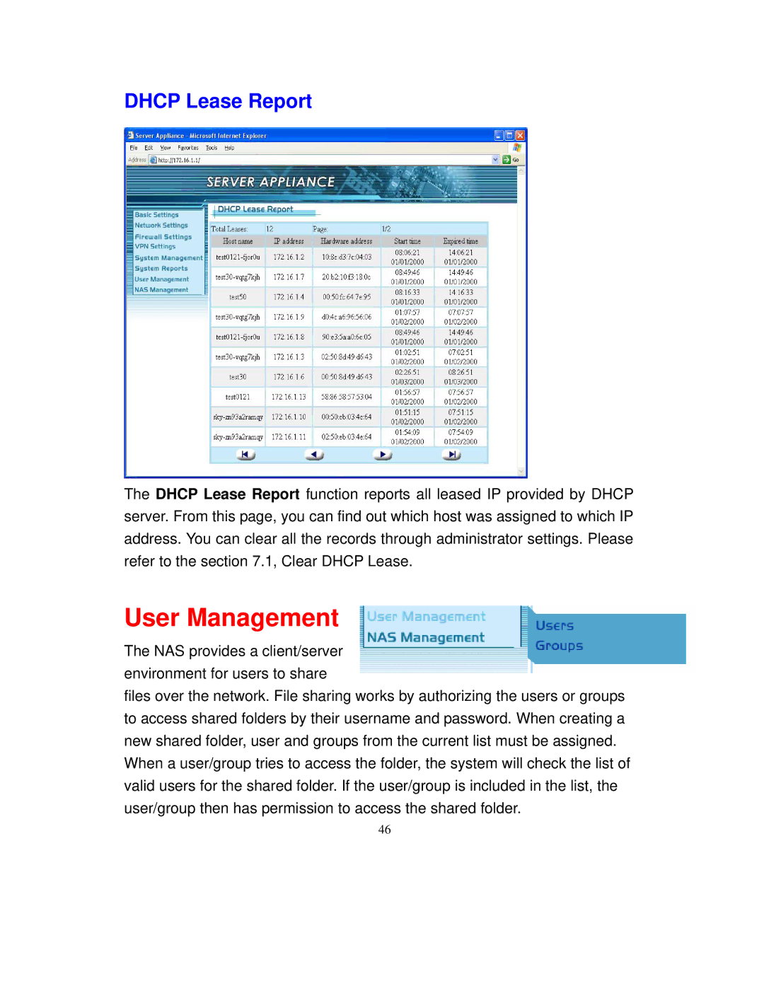 Intellinet Network Solutions 501705 manual User Management, Dhcp Lease Report 