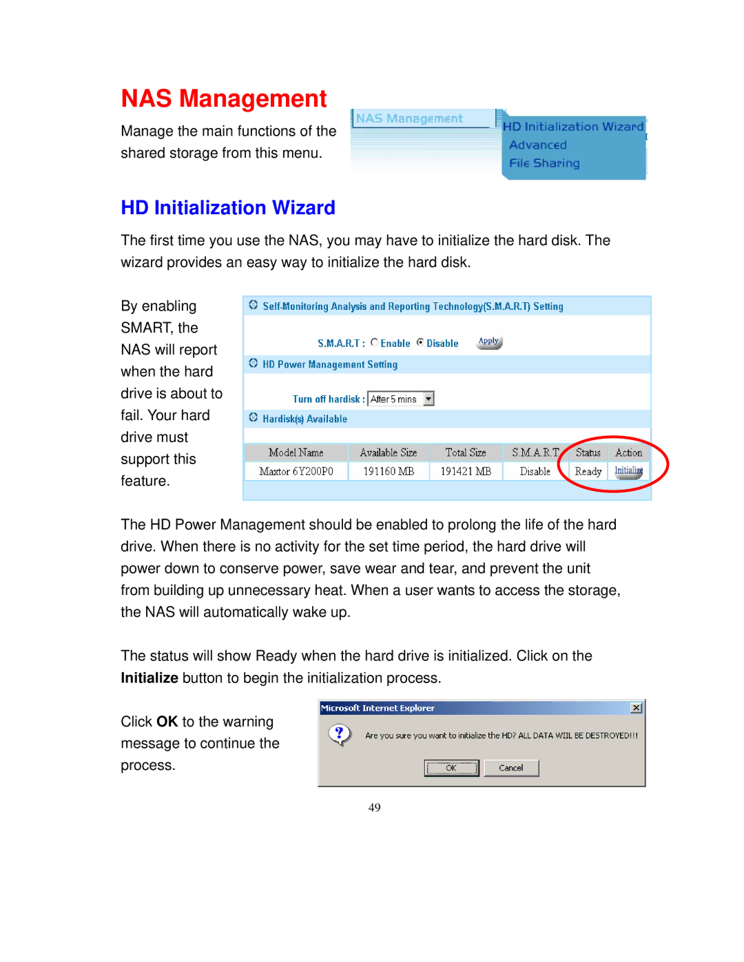 Intellinet Network Solutions 501705 manual NAS Management, HD Initialization Wizard 