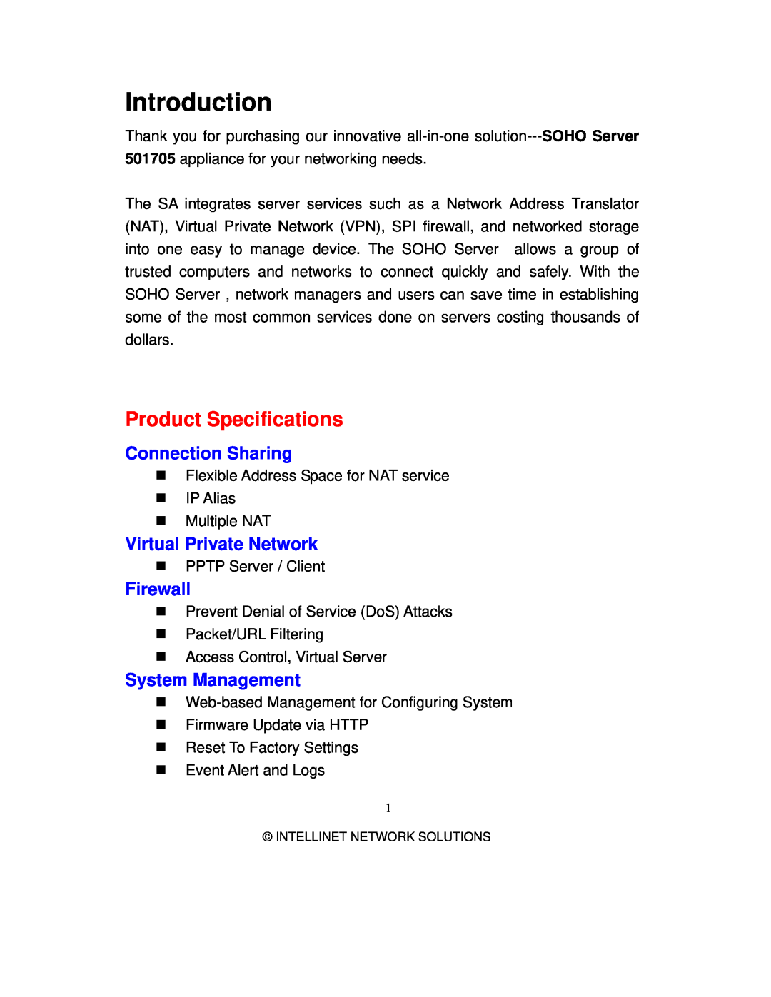 Intellinet Network Solutions 501705 manual Introduction, Product Specifications, Connection Sharing, Firewall 