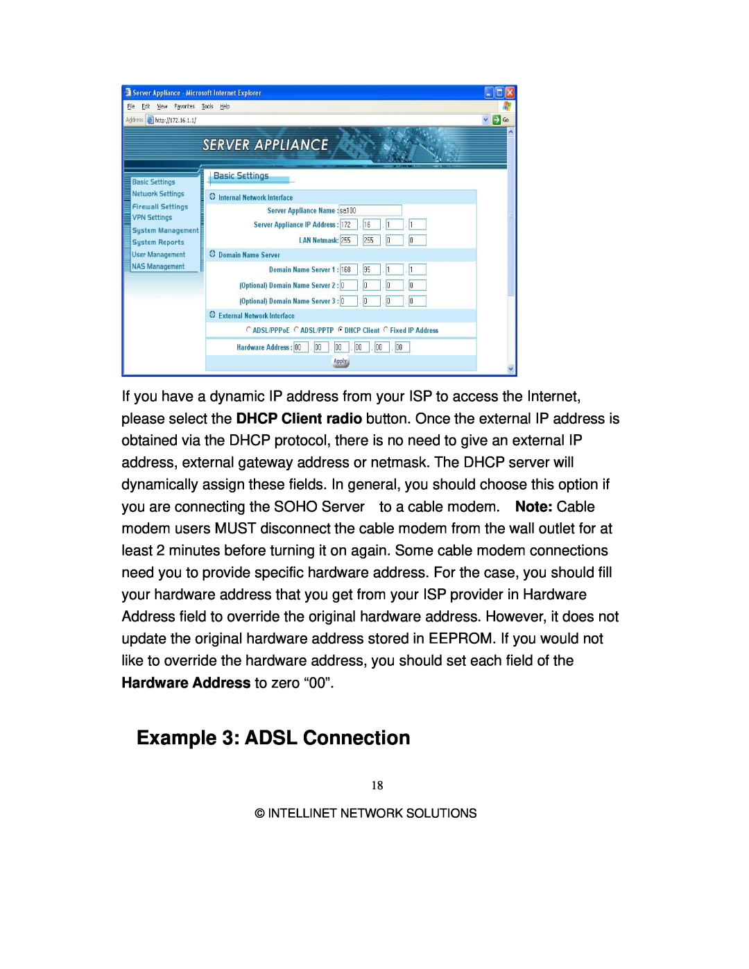 Intellinet Network Solutions 501705 manual Example 3 ADSL Connection 