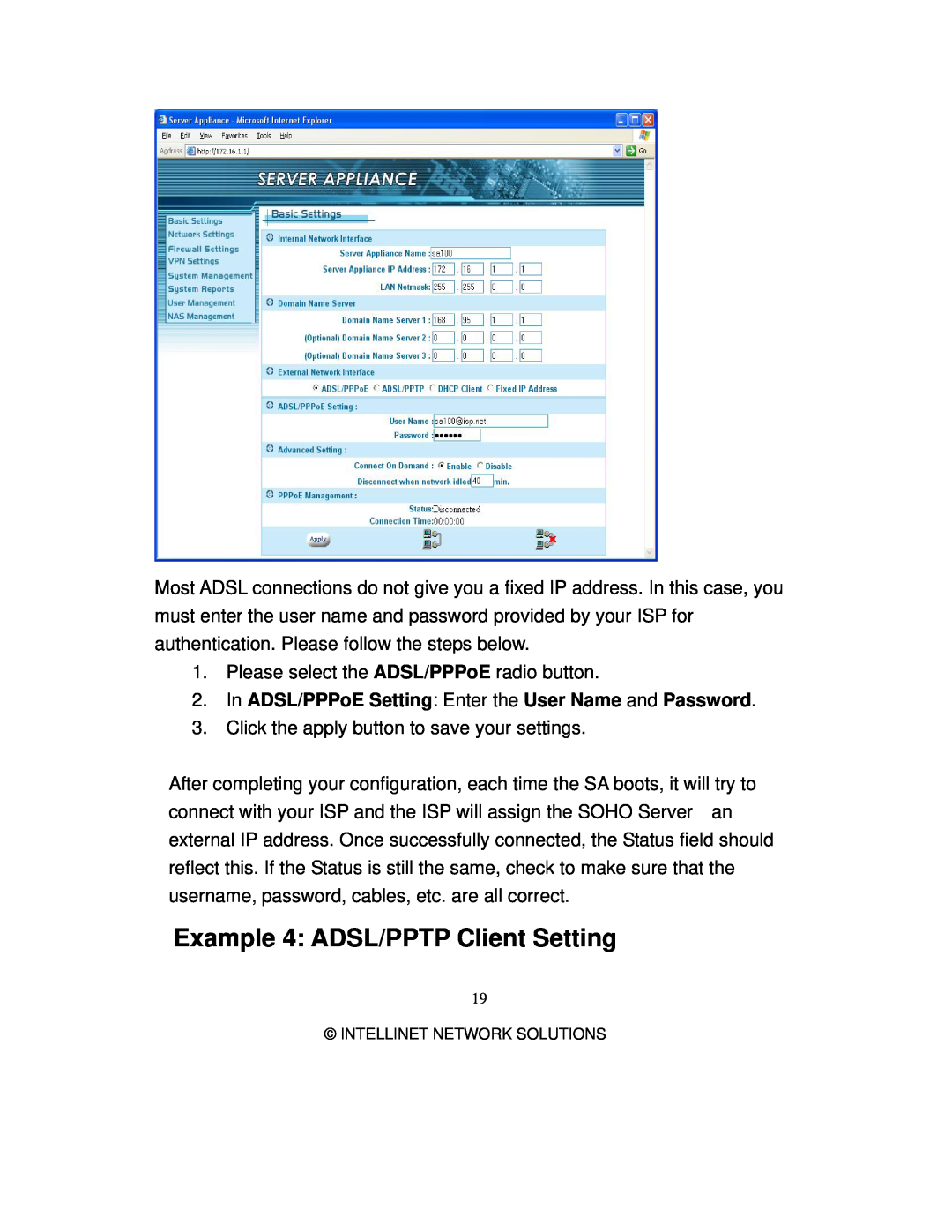 Intellinet Network Solutions 501705 manual Example 4 ADSL/PPTP Client Setting 