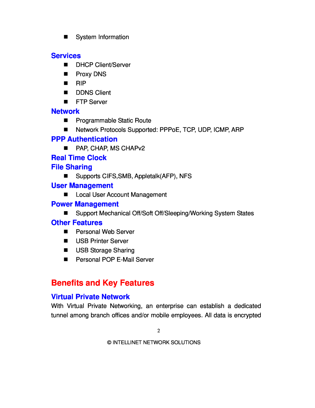 Intellinet Network Solutions 501705 Benefits and Key Features, Services, Network, PPP Authentication, User Management 