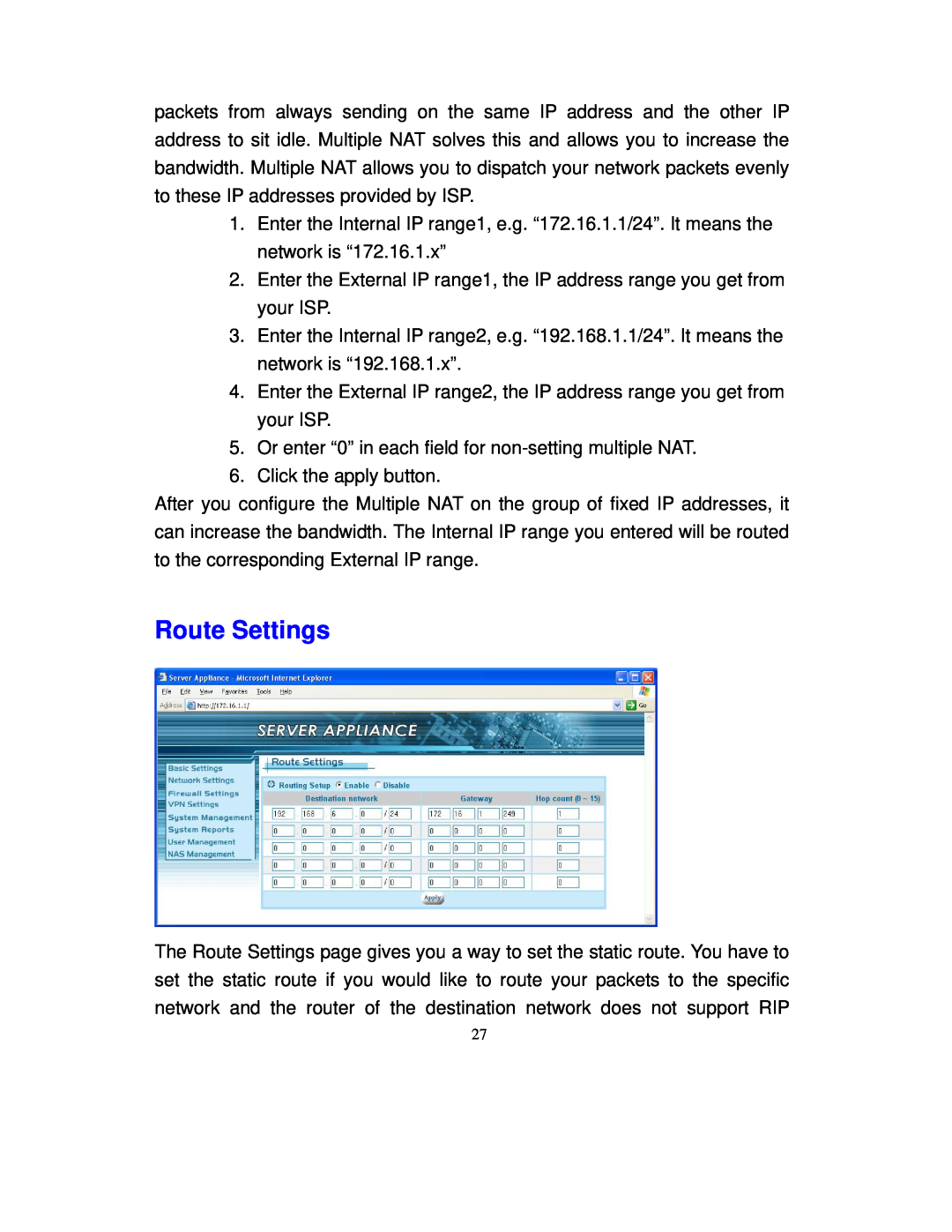 Intellinet Network Solutions 501705 manual Route Settings 