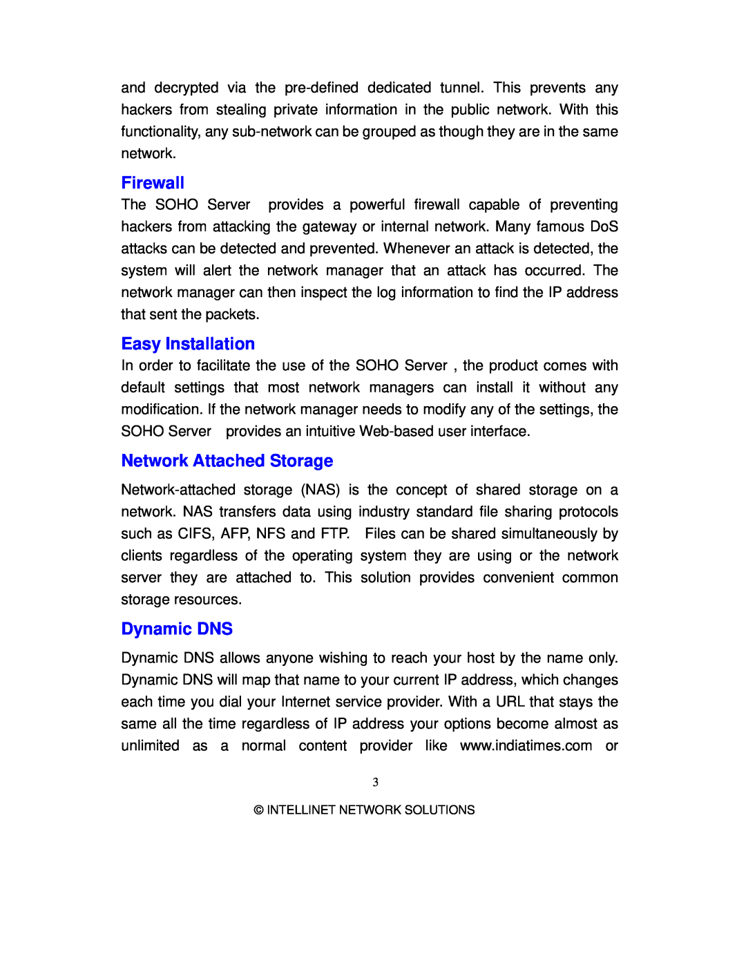 Intellinet Network Solutions 501705 manual Easy Installation, Network Attached Storage, Dynamic DNS, Firewall 