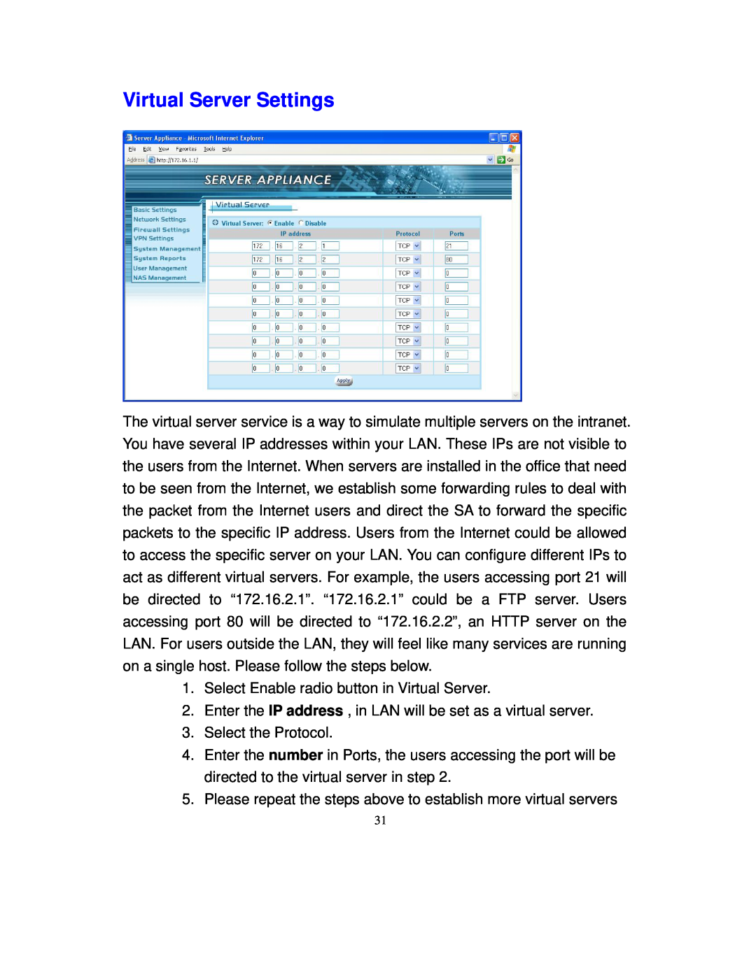 Intellinet Network Solutions 501705 manual Virtual Server Settings 