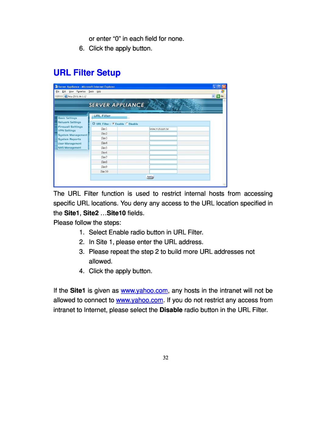 Intellinet Network Solutions 501705 manual URL Filter Setup 