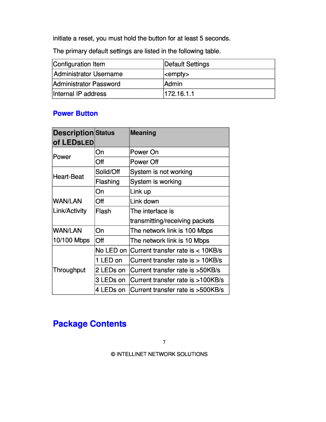 Intellinet Network Solutions 501705 manual Package Contents, Power Button, Status, Meaning, Description, of LEDsLED 