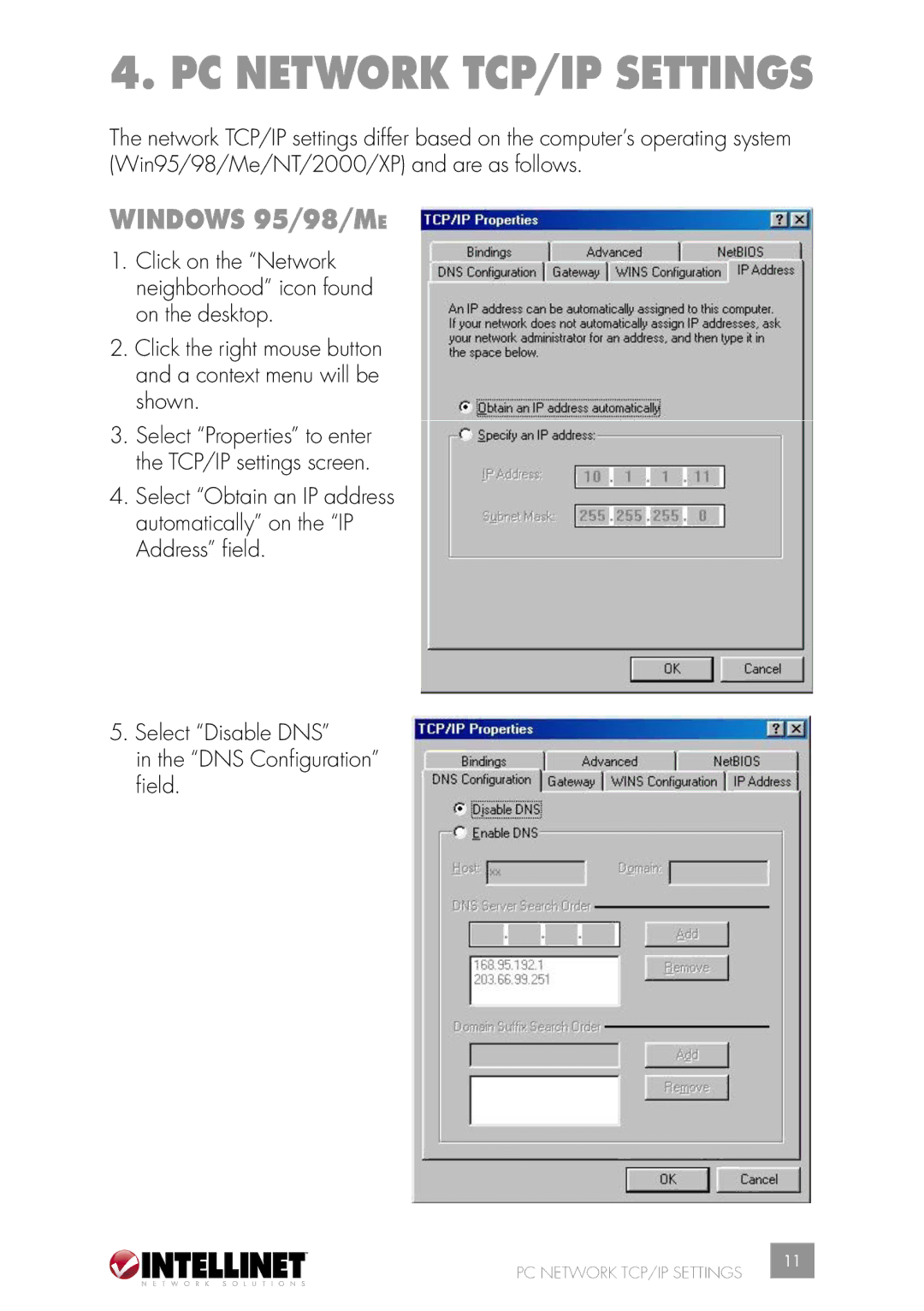 Intellinet Network Solutions 502566 manual PC Network TCP/IP Settings, Windows 95/98/ME 