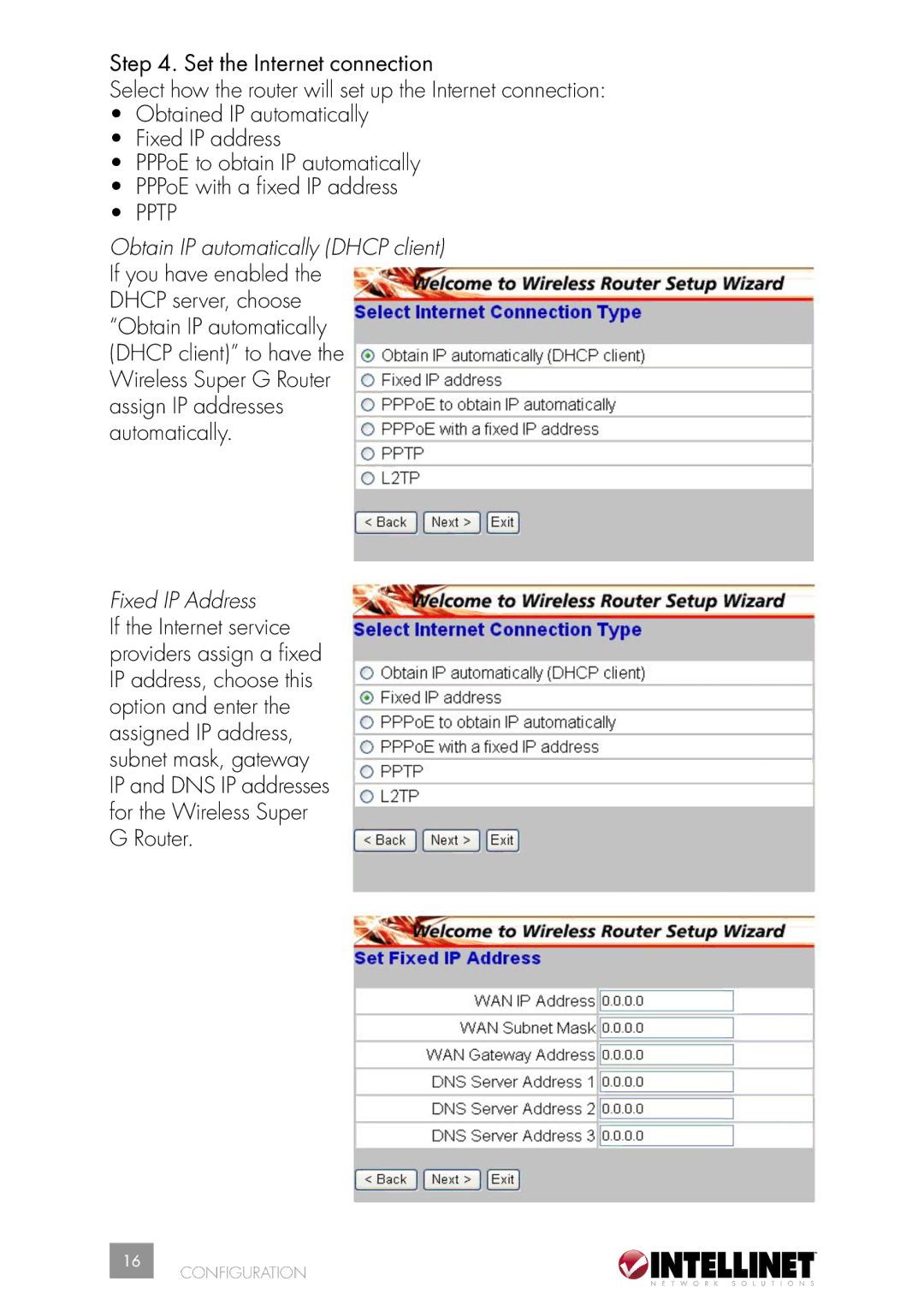 Intellinet Network Solutions 502566 manual Obtain IP automatically Dhcp client, Fixed IP Address 