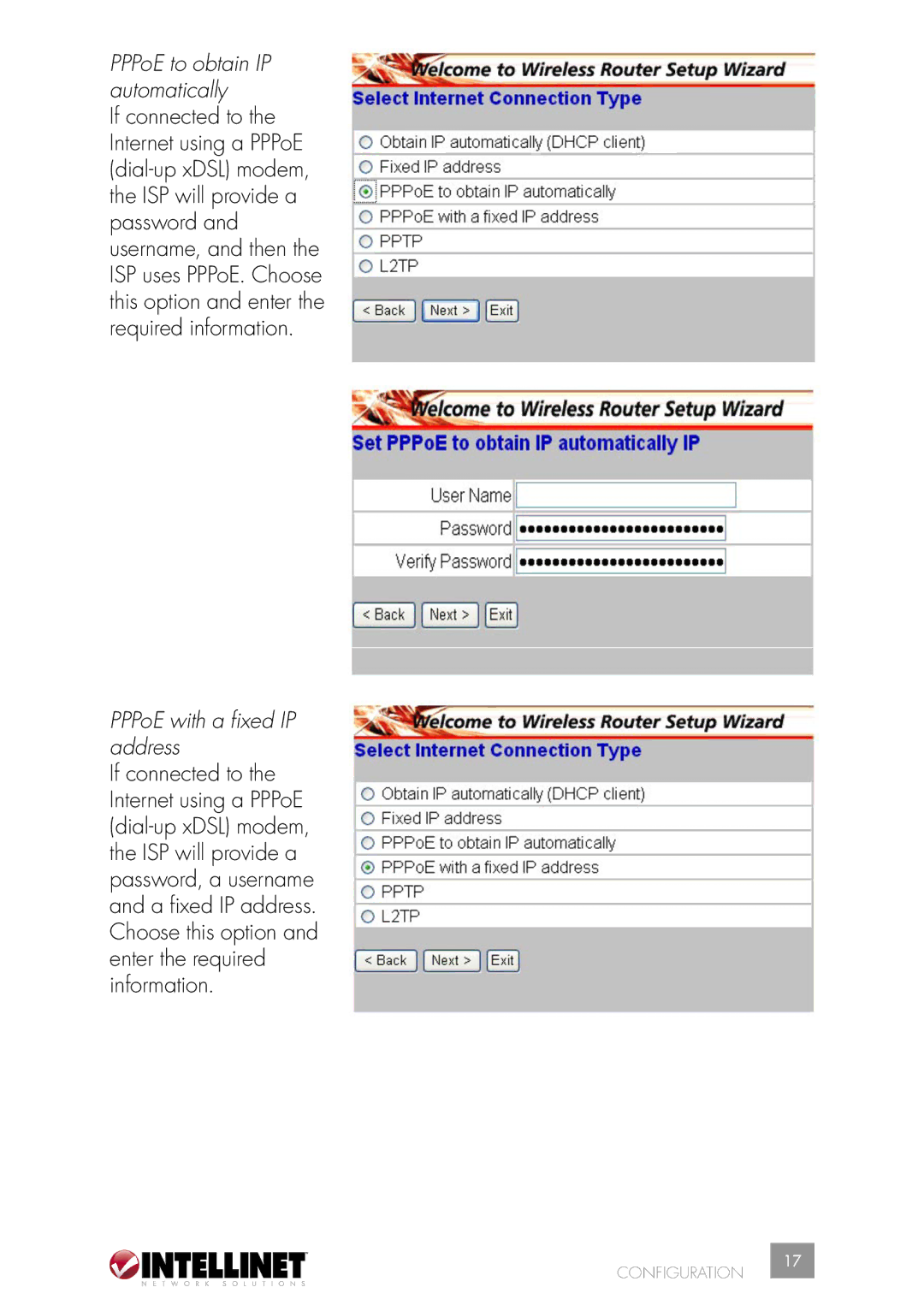 Intellinet Network Solutions 502566 manual PPPoE to obtain IP automatically, PPPoE with a ﬁxed IP address 