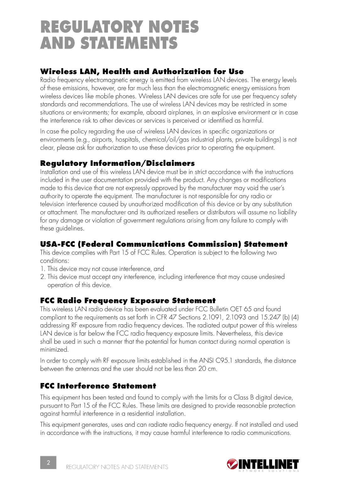 Intellinet Network Solutions 502566 manual Regulatory Notes Statements, Wireless LAN, Health and Authorization for Use 