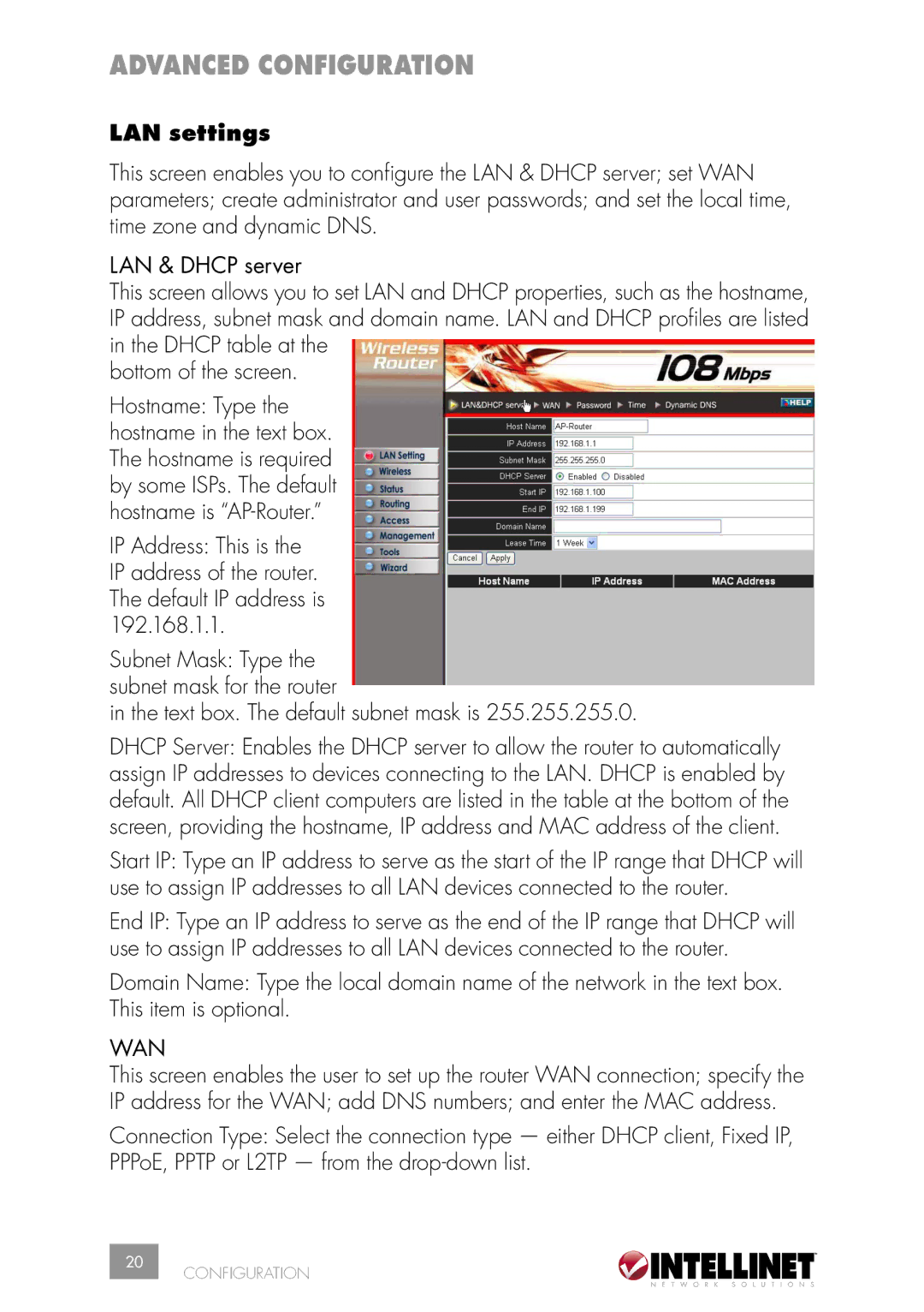 Intellinet Network Solutions 502566 manual Advanced Configuration, LAN settings 