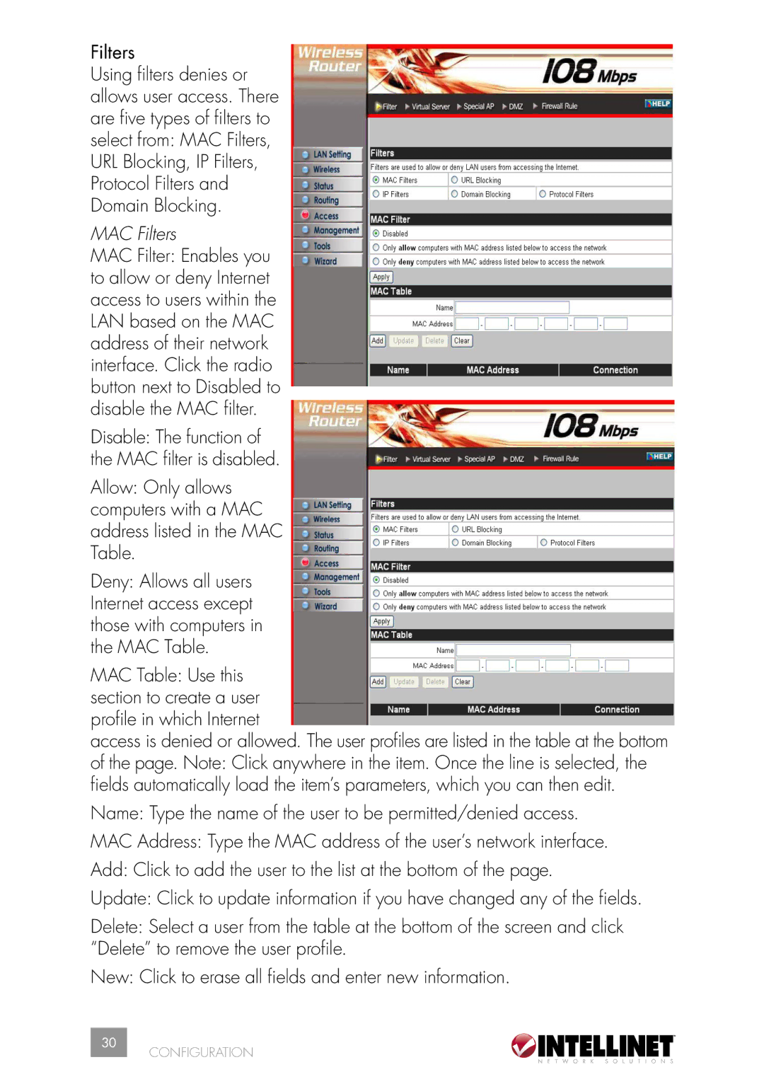 Intellinet Network Solutions 502566 manual MAC Filters 