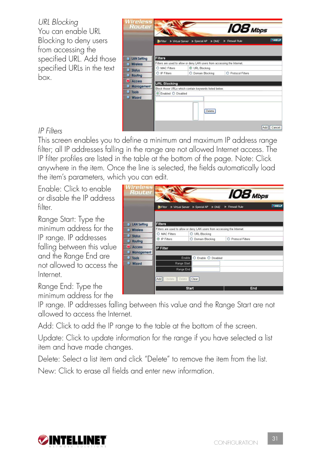 Intellinet Network Solutions 502566 manual URL Blocking, IP Filters 