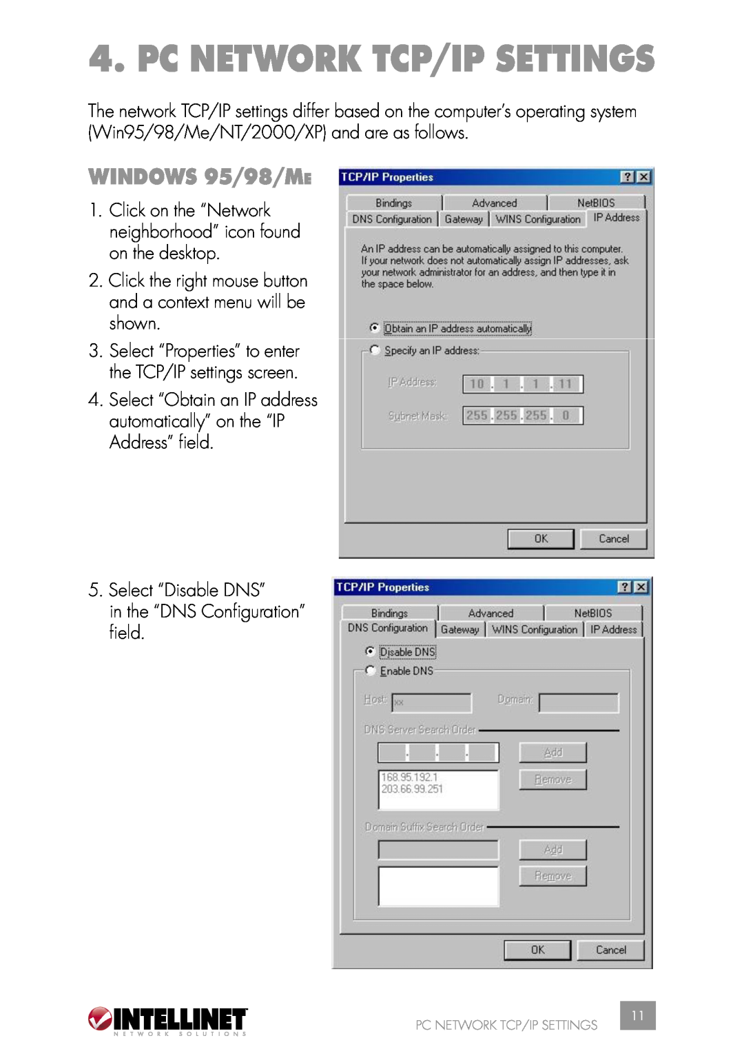 Intellinet Network Solutions 502566 manual Pc Network Tcp/Ip Settings, WINDOWS 95/98/ME 