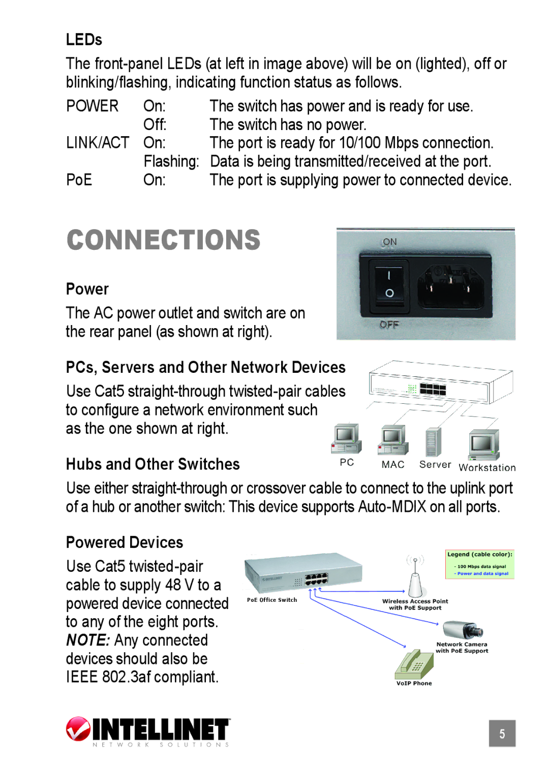 Intellinet Network Solutions 503358 user manual Connections, LEDs, Hubs and Other Switches, Powered Devices 