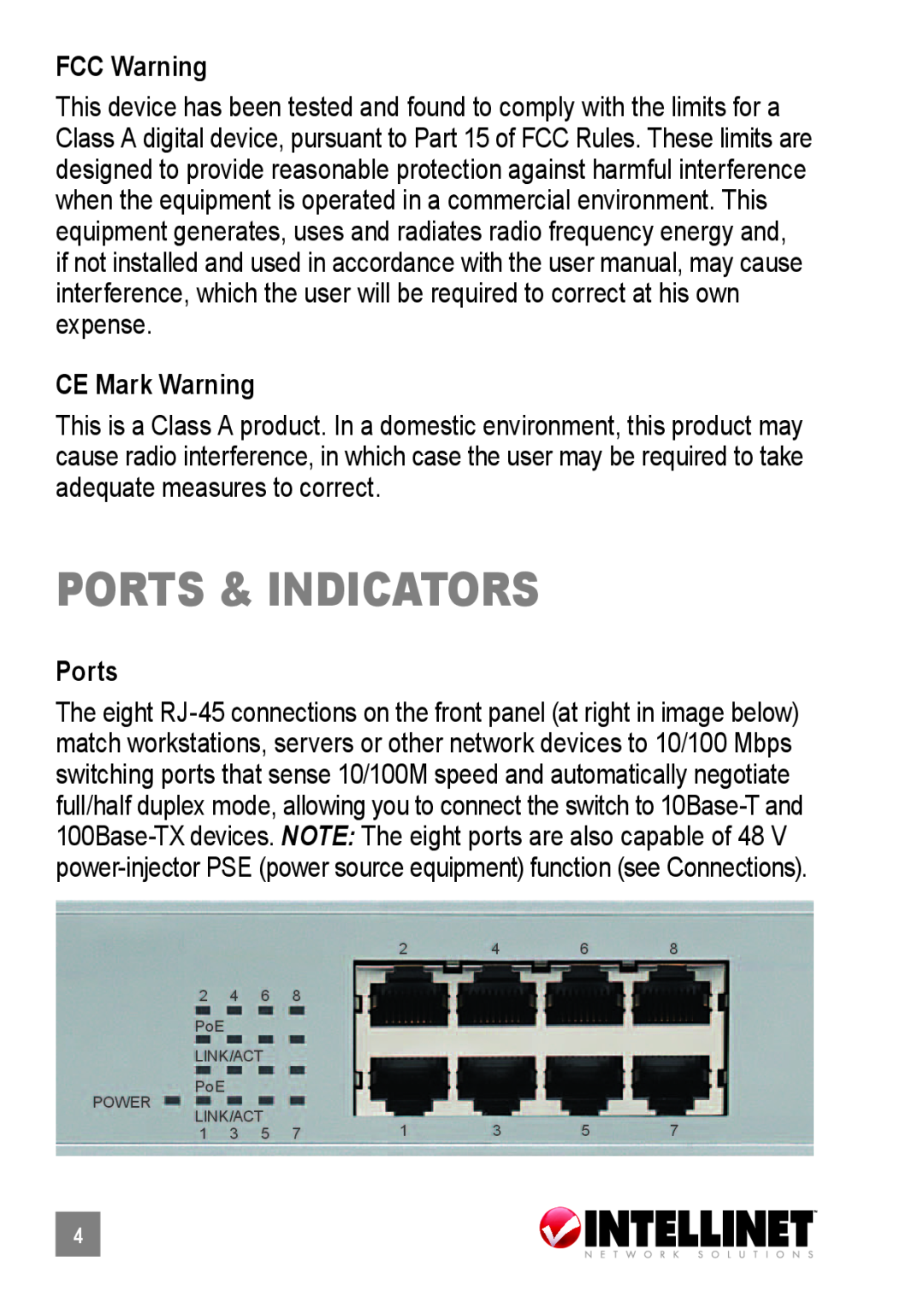 Intellinet Network Solutions 503358 user manual ports & indicators, FCC Warning, CE Mark Warning, Ports 