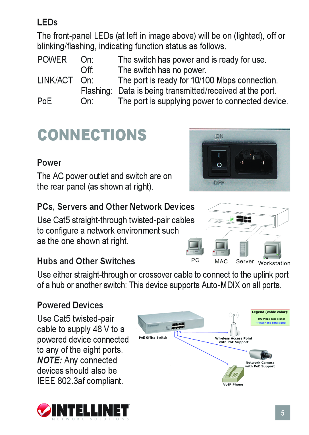 Intellinet Network Solutions 503358 connections, LEDs, Power, The switch has no power, Link/Act, Hubs and Other Switches 