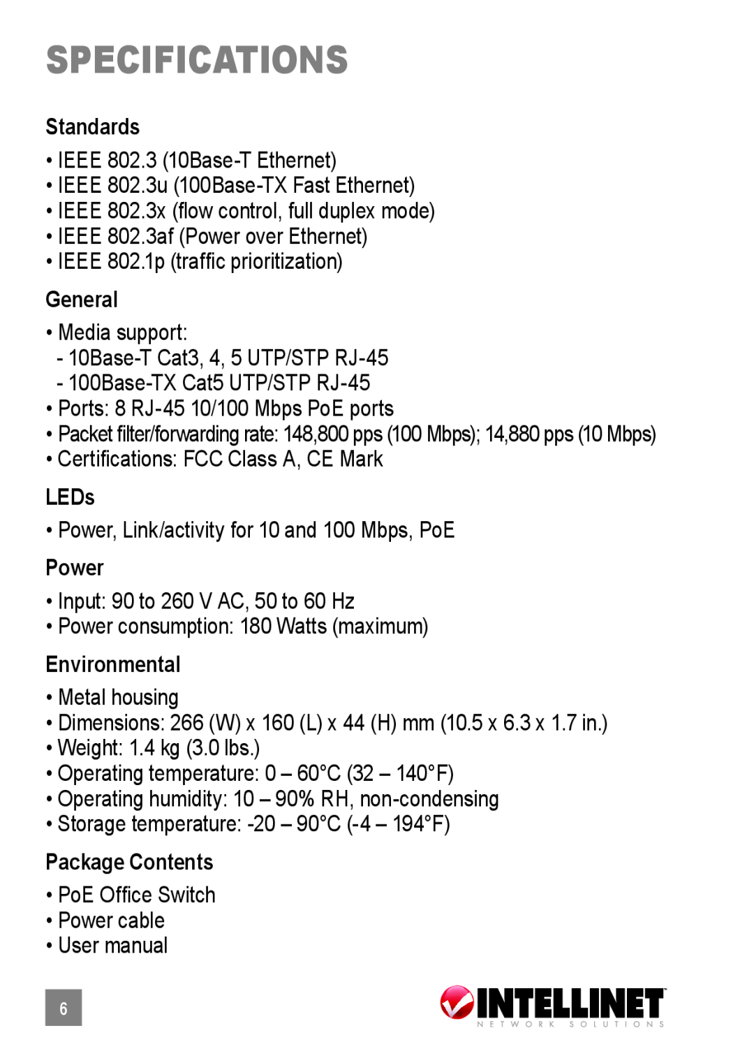 Intellinet Network Solutions 503358 specifications, Standards, General, Environmental, Package Contents, LEDs, Power 