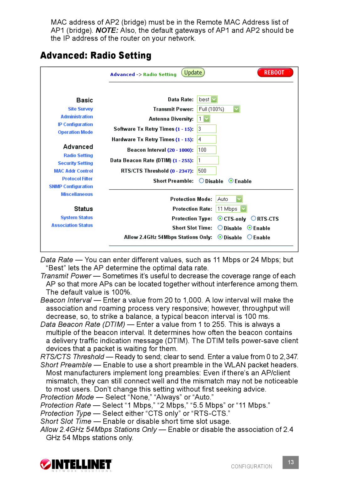 Intellinet Network Solutions 503679 user manual Advanced Radio Setting 