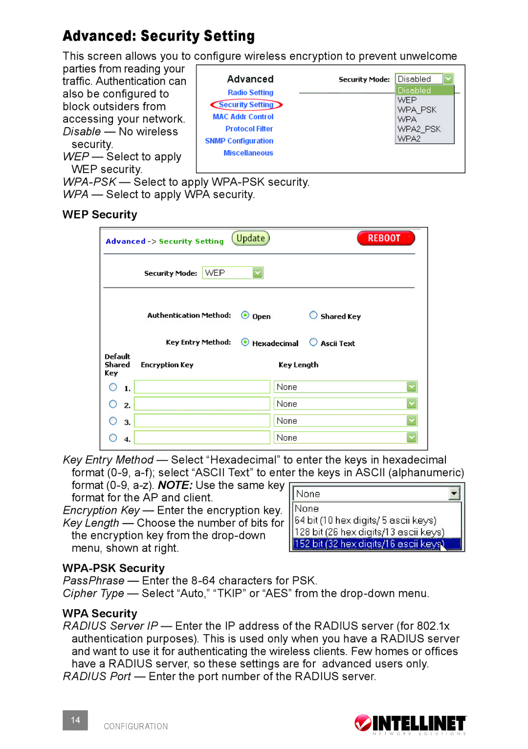 Intellinet Network Solutions 503679 user manual Advanced Security Setting, WEP Security, WPA-PSK Security, WPA Security 