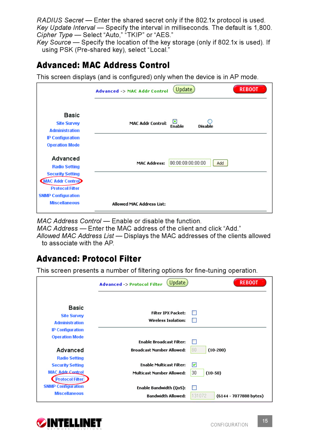 Intellinet Network Solutions 503679 user manual Advanced MAC Address Control, Advanced Protocol Filter 