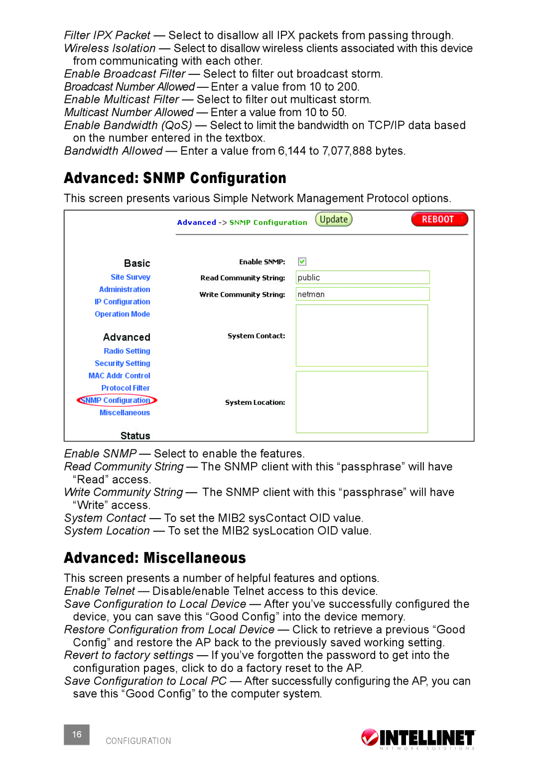 Intellinet Network Solutions 503679 user manual Advanced Snmp Configuration, Advanced Miscellaneous 