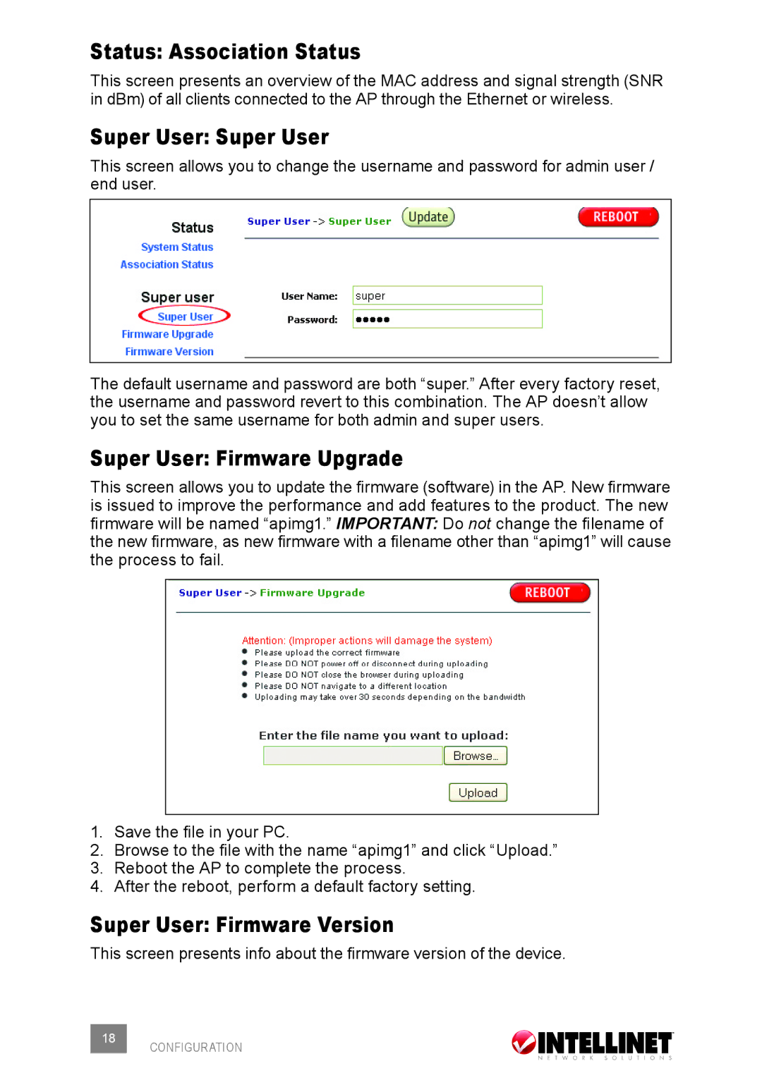 Intellinet Network Solutions 503679 Status Association Status, Super User Super User, Super User Firmware Upgrade 