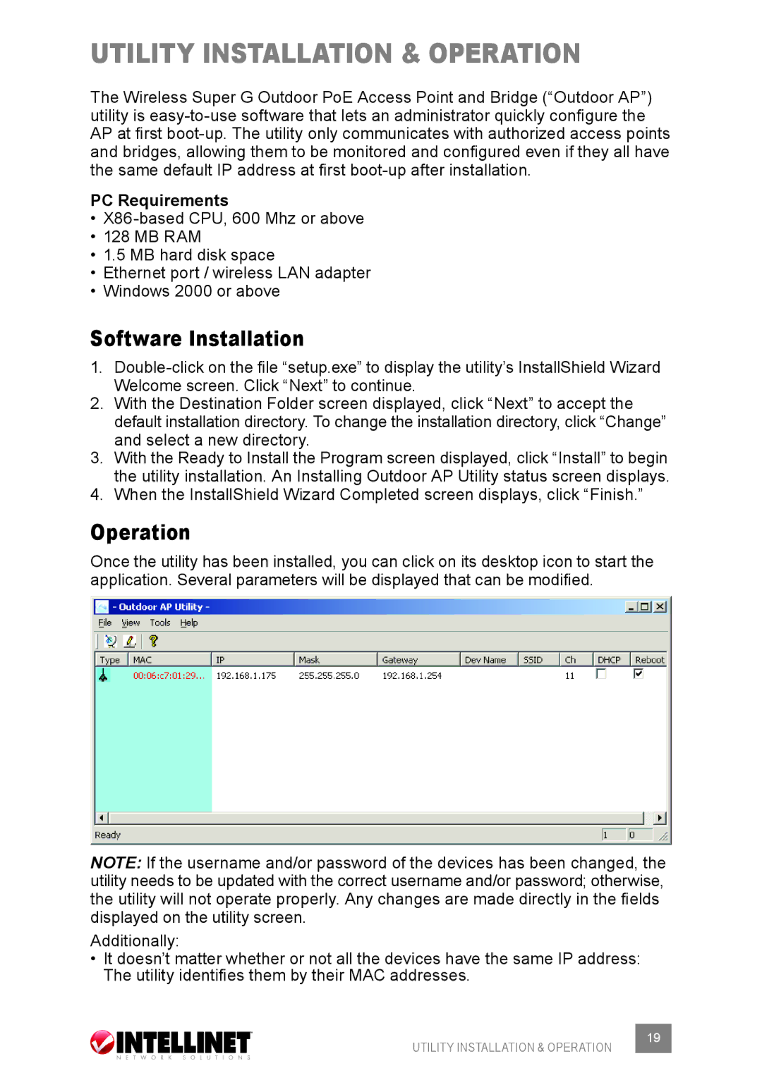 Intellinet Network Solutions 503679 Utility installaTION & operation, Software Installation, Operation, PC Requirements 