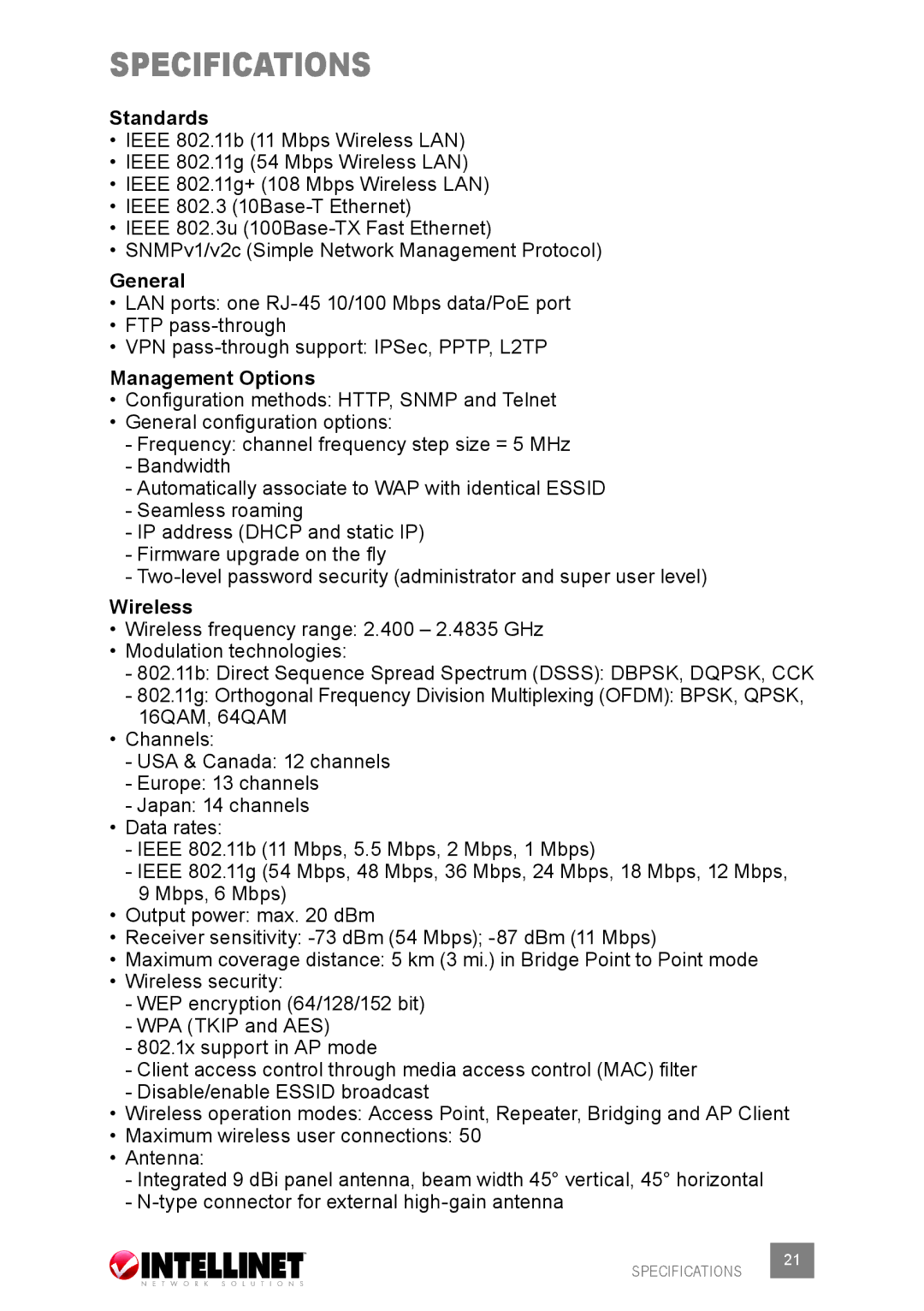 Intellinet Network Solutions 503679 user manual Specifications, Standards, General, Management Options, Wireless 