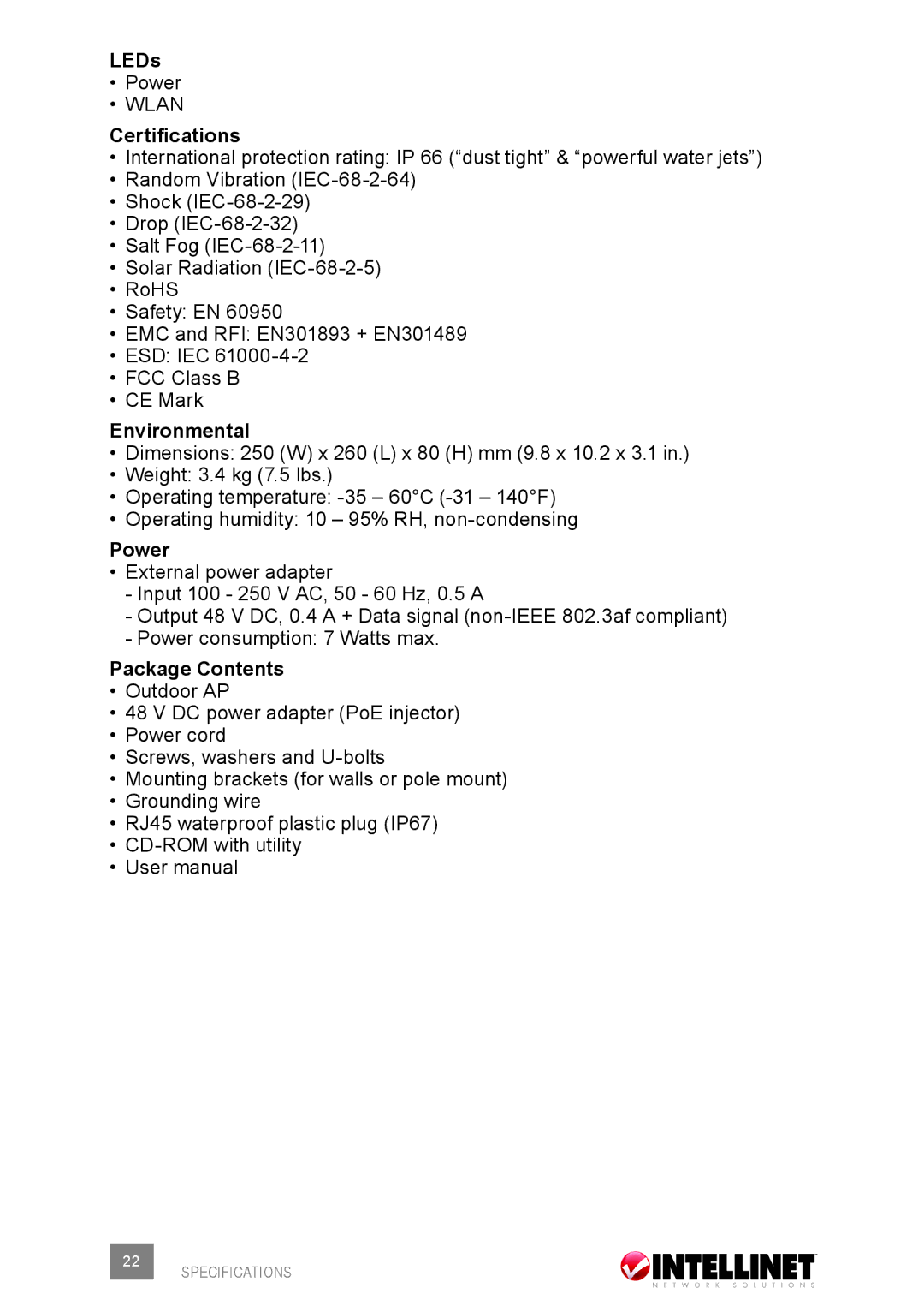 Intellinet Network Solutions 503679 user manual LEDs, Certifications, Environmental, Power 