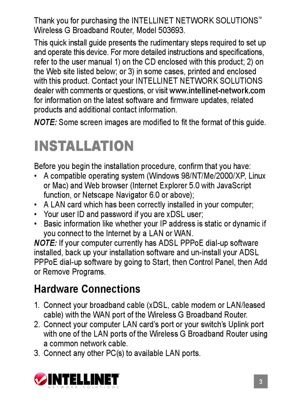 Intellinet Network Solutions 503693 manual Installation, Hardware Connections 