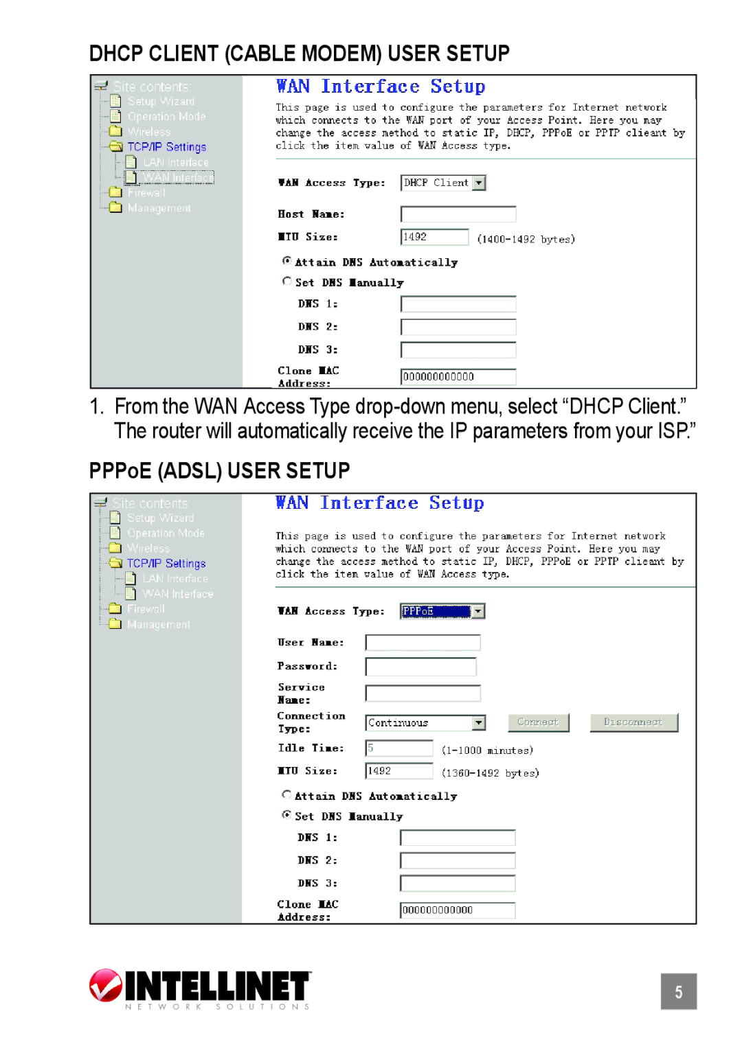 Intellinet Network Solutions 503693 manual Dhcp Client Cable Modem User Setup, PPPoE Adsl User Setup 